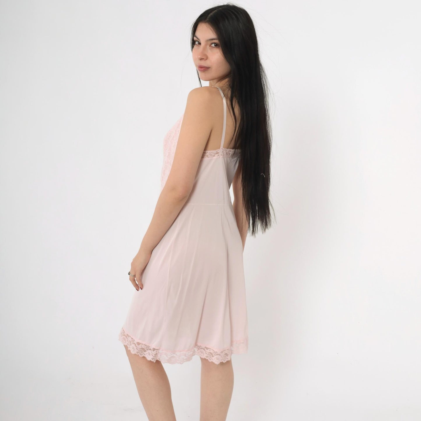 70s Pink Lace Slip Dress V-Neck Spaghetti Straps Mini Nightgown Medium