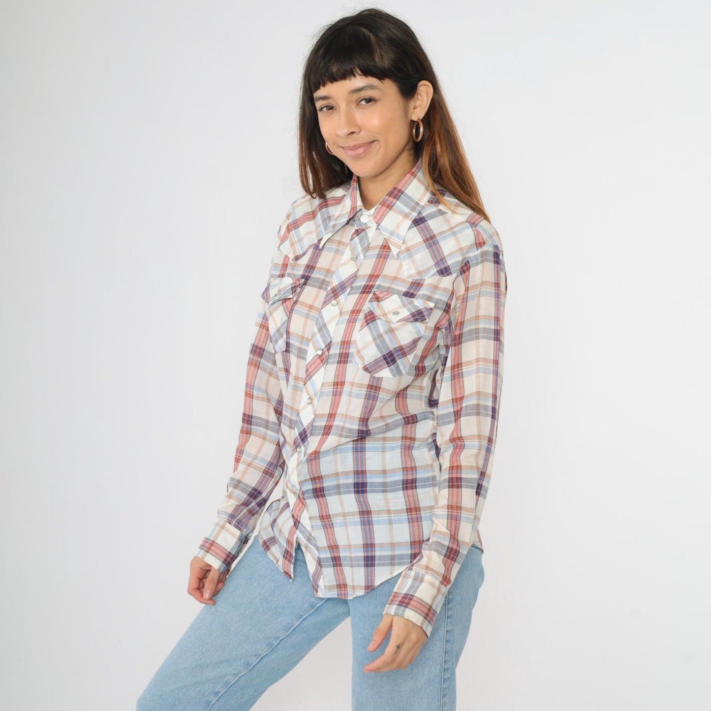 70s Western Pearl Snap Shirt Plaid White Red Blue Dagger Collar Men's Small