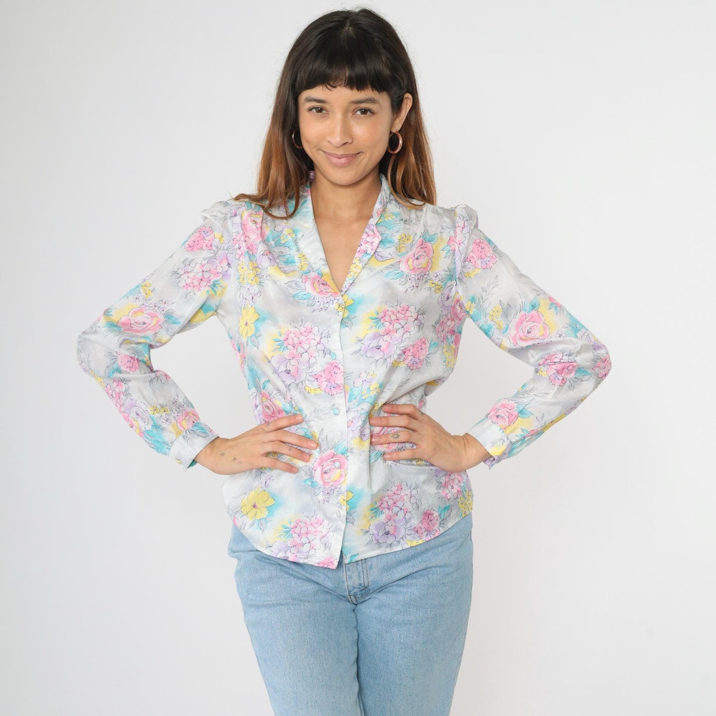 80s Pastel Floral Puff Sleeve Button Up Blouse Pink Lavender Blue Medium