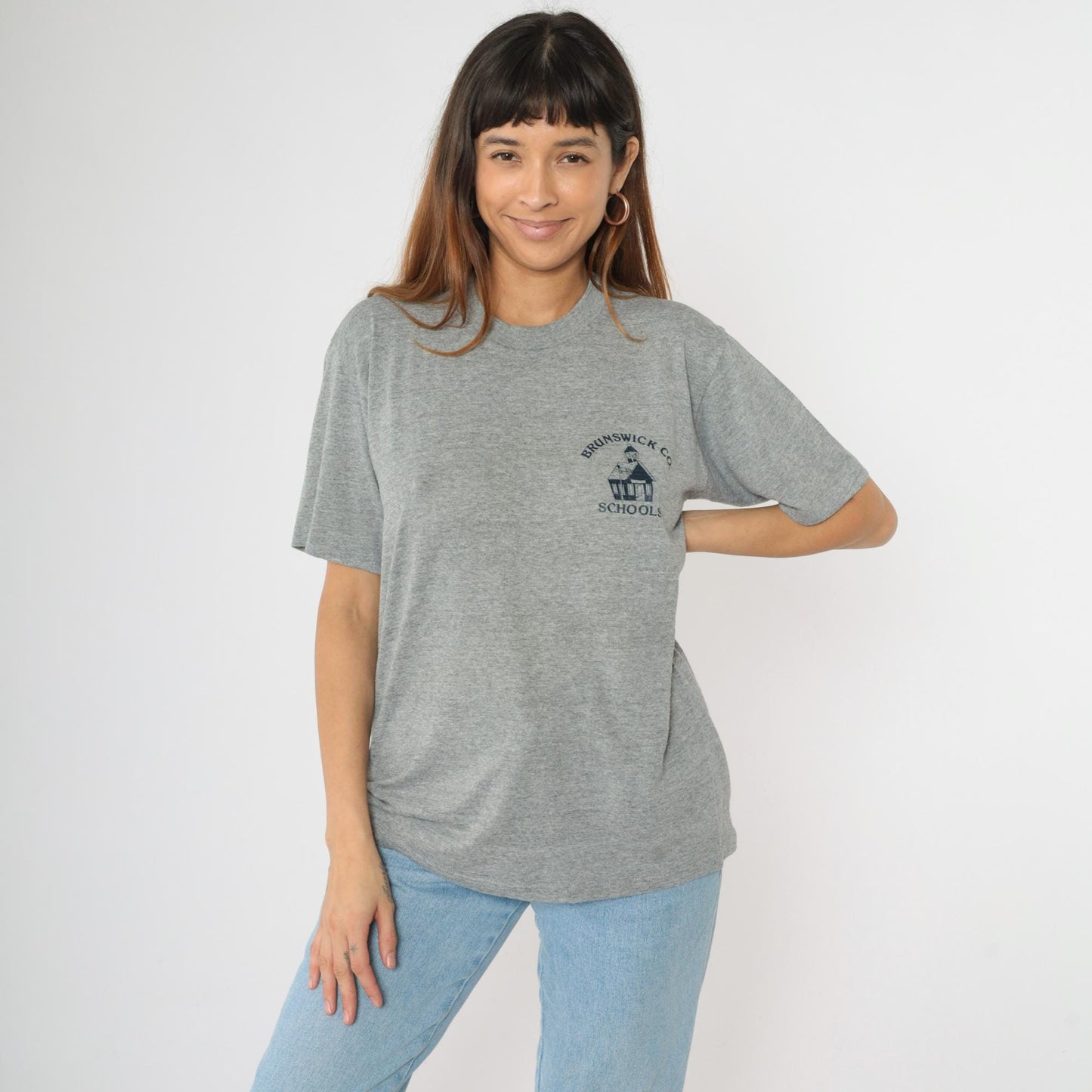 90s Brunswick County Schools Graphic T-Shirt Grey Jerzees USA Made Large