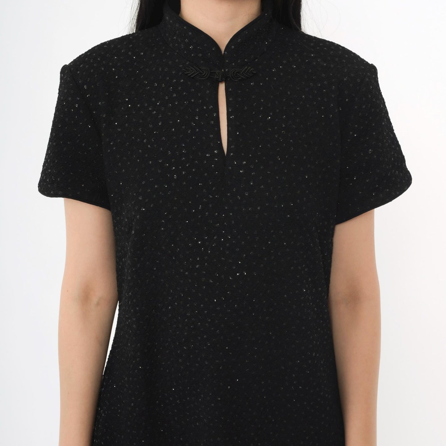 90s Black Glitter Cheongsam Midi Dress Keyhole Neck Short Sleeve Large