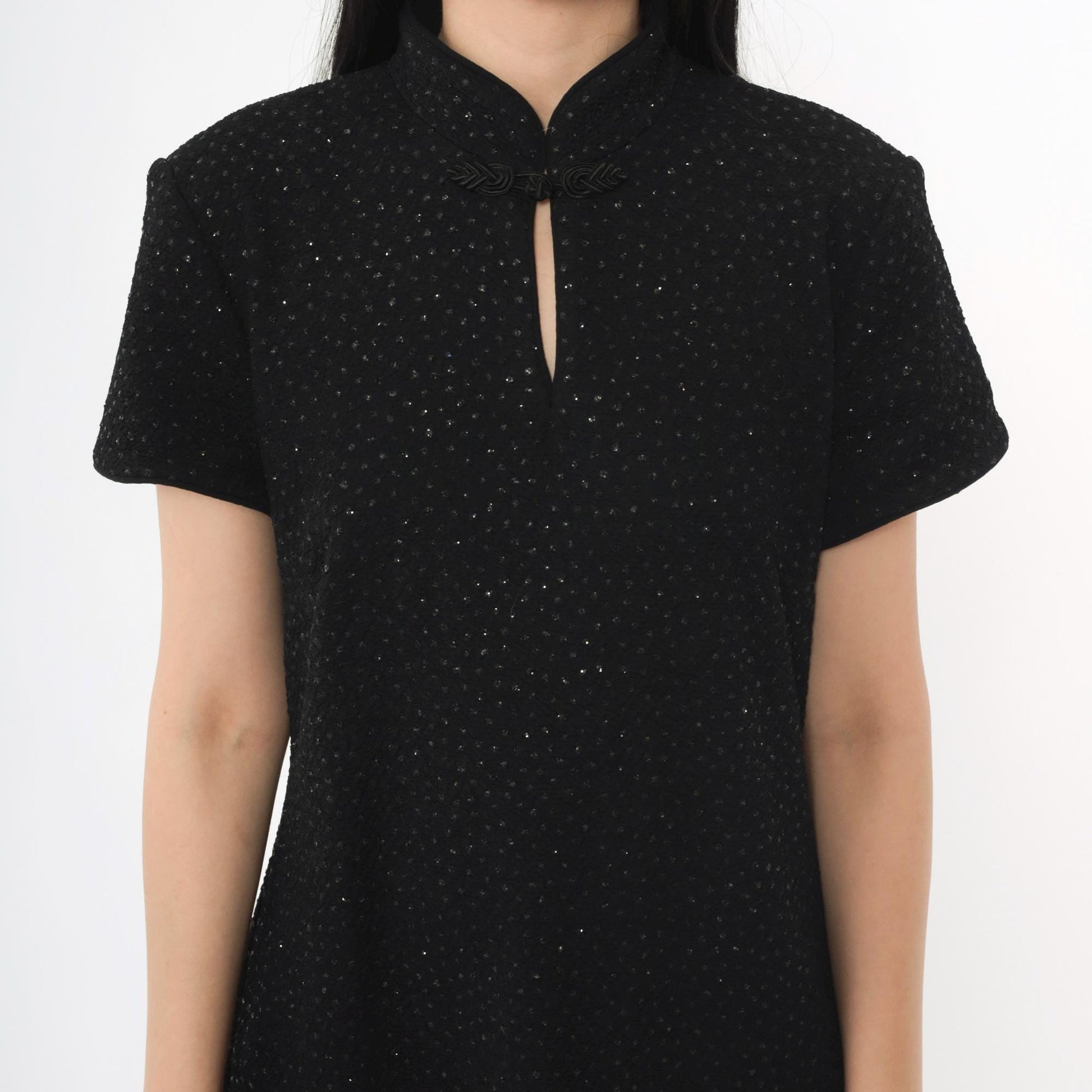90s Black Glitter Cheongsam Midi Dress Keyhole Neck Short Sleeve Large