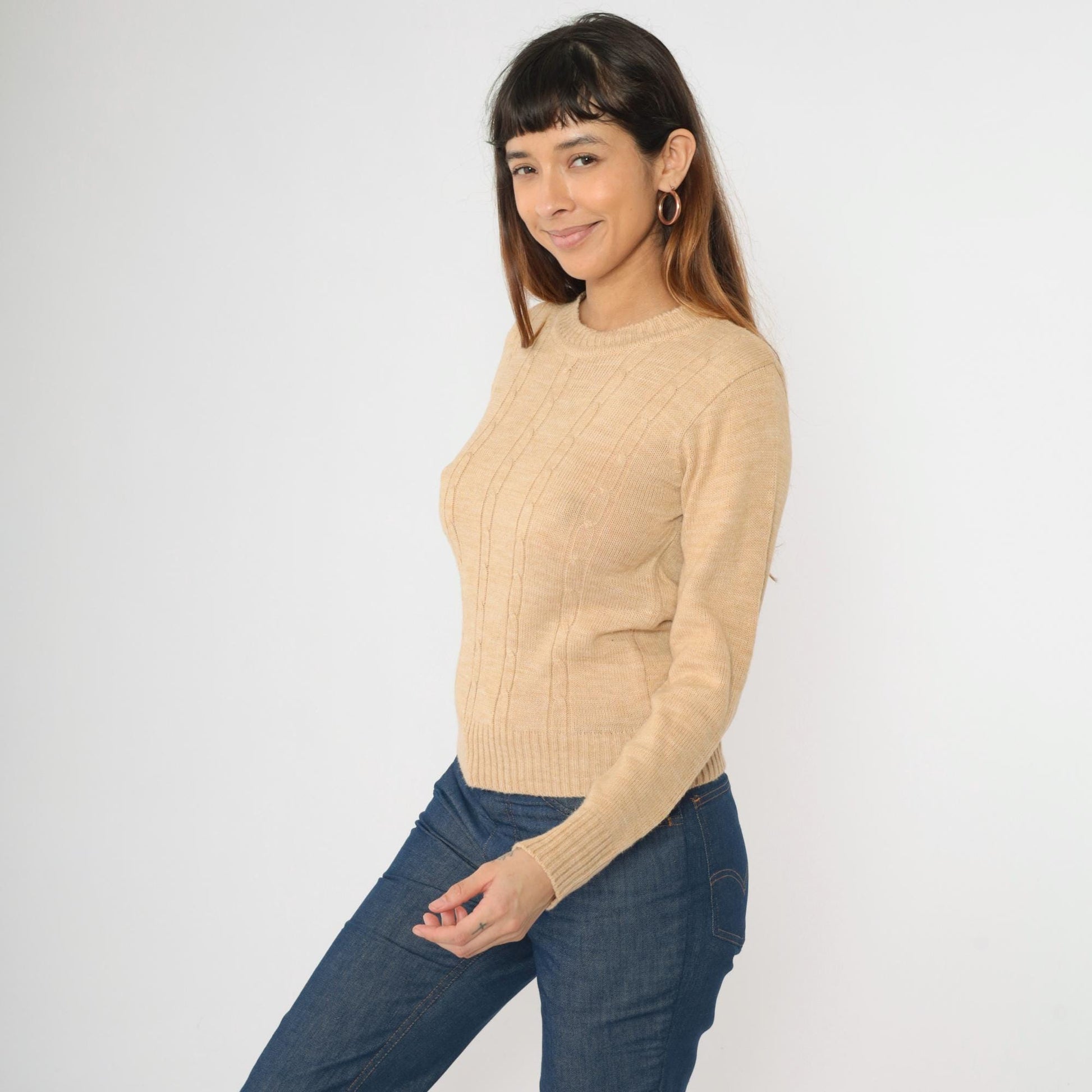 70s Tan Cable Knit Crewneck Pullover Sweater Small S