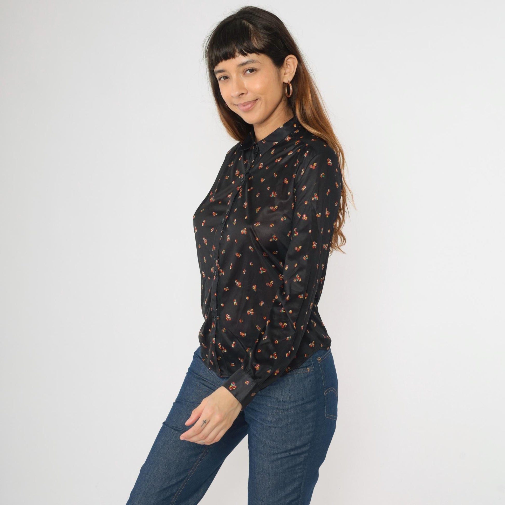 70s Black Abstract Sphere Print Button Down Blouse Long Sleeve Pointed Collar Medium