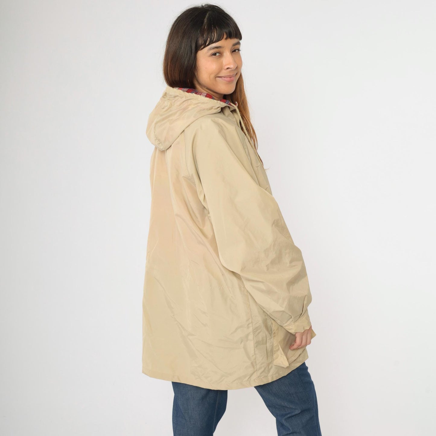 80s Open Trails Beige Nylon Anorak Jacket Plaid Lined Hooded Windbreaker Large L