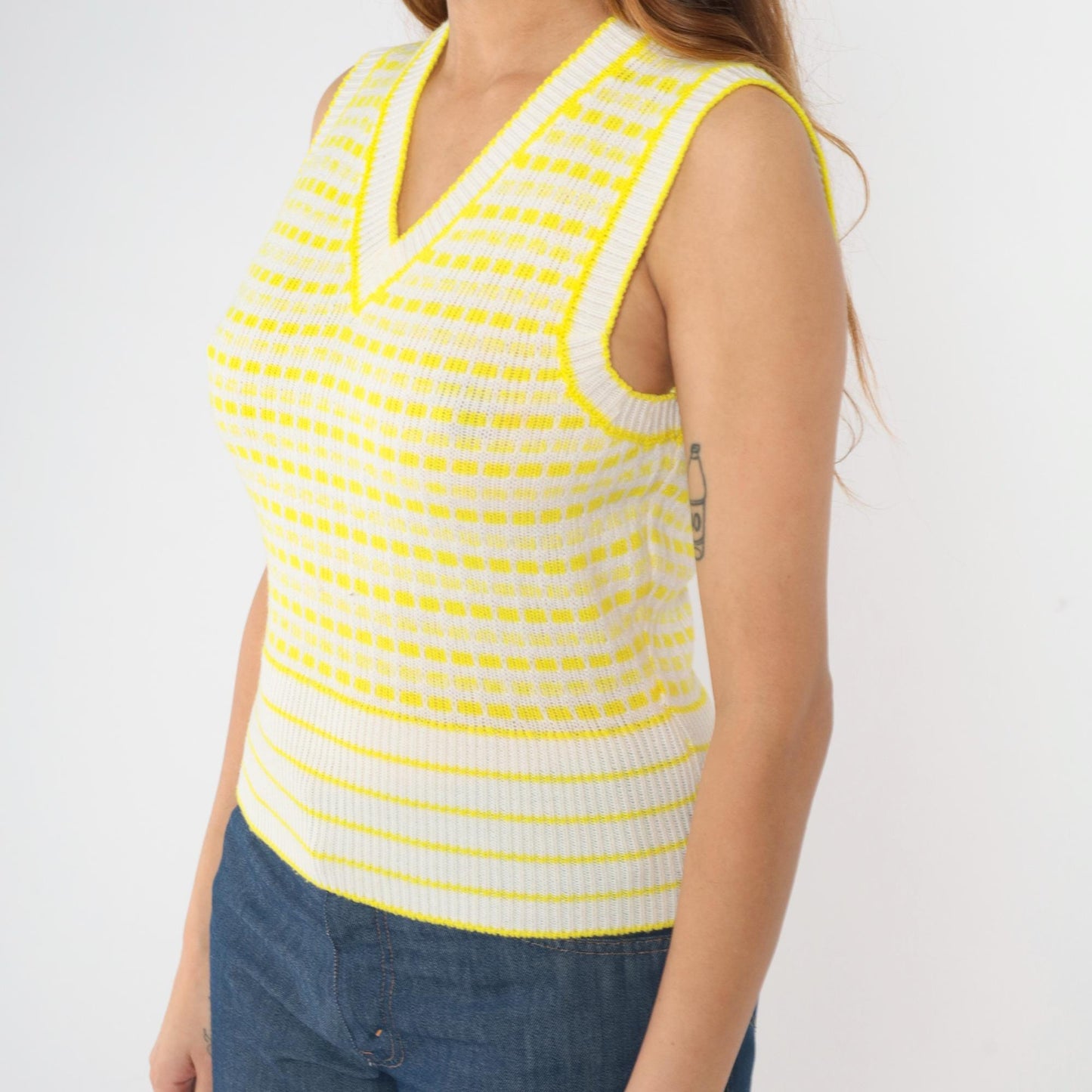 70s Sweater Vest White Yellow Striped Square Print V-Neck Pullover Small