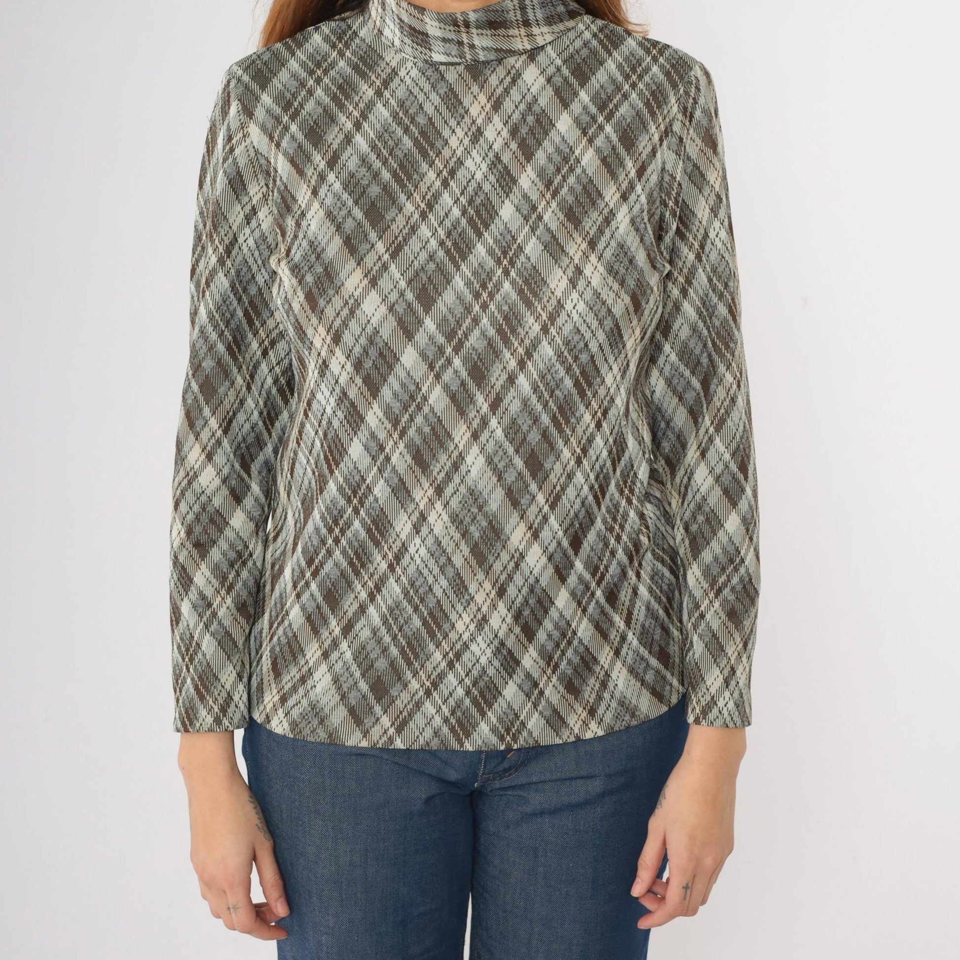 70s Brown Grey Plaid Turtleneck Shirt Long Sleeve High Neck Medium M