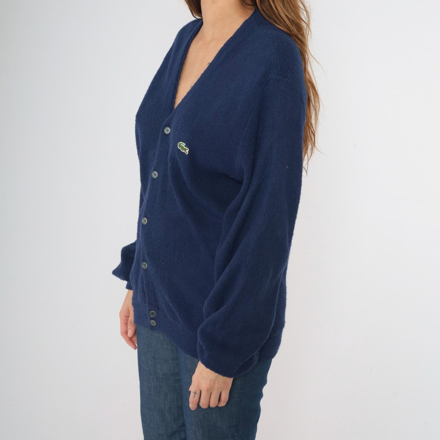 80s Izod Lacoste Navy Cardigan Sweater Crocodile Knit Medium M