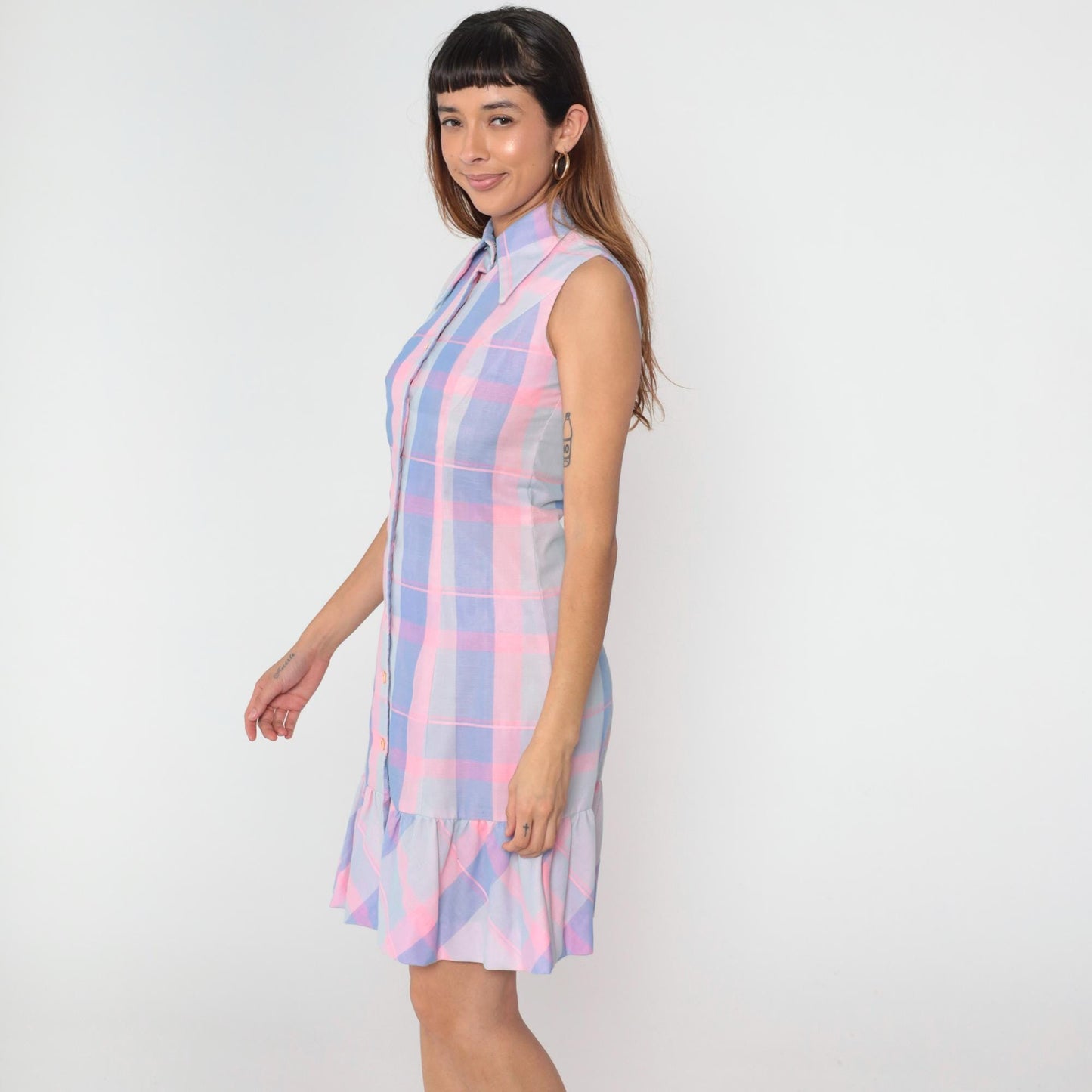 70s Burt Stanley Pastel Plaid Button-Down Dress Dagger Collar Knee-Length Small