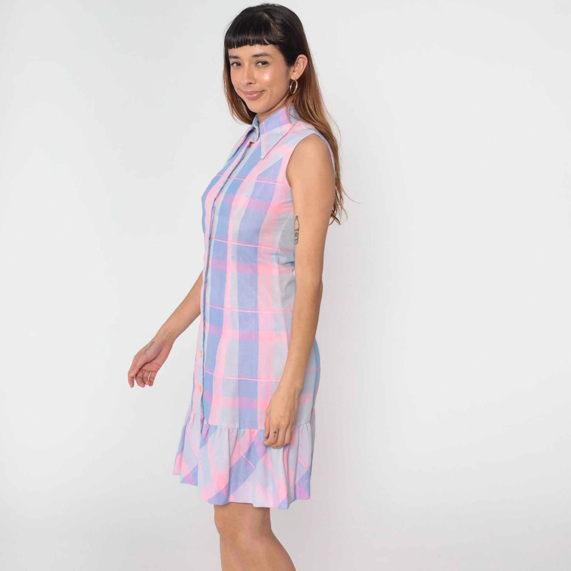70s Burt Stanley Pastel Plaid Button-Down Dress Dagger Collar Knee-Length Small