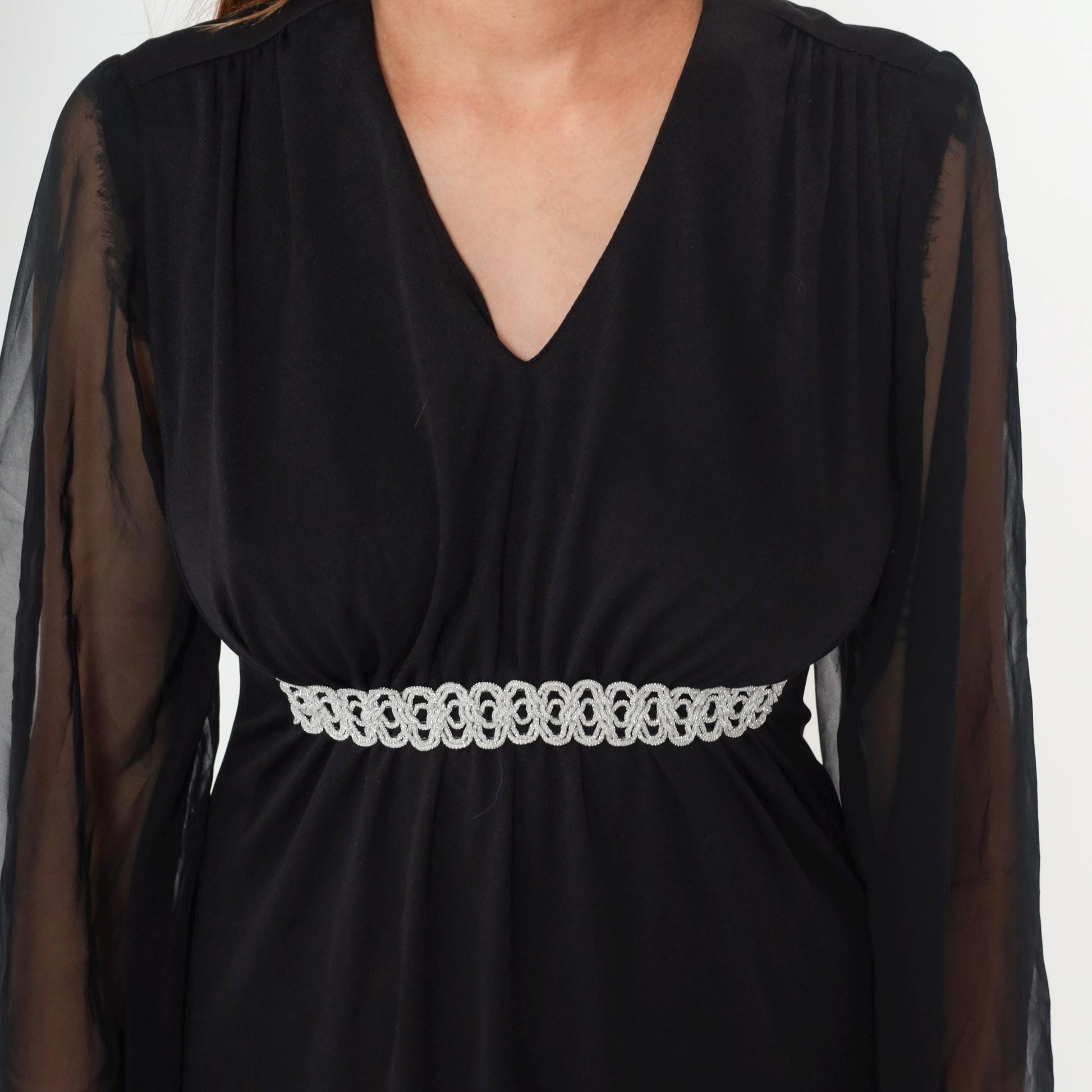 70s Black Chiffon Angel Sleeve Maxi Dress Silver Trim Empire Waist Medium