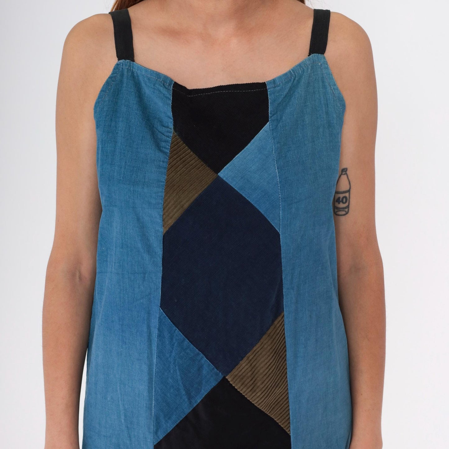 90s Blue Patchwork Corduroy Midi Dress Sleeveless Lace-Up Back Medium
