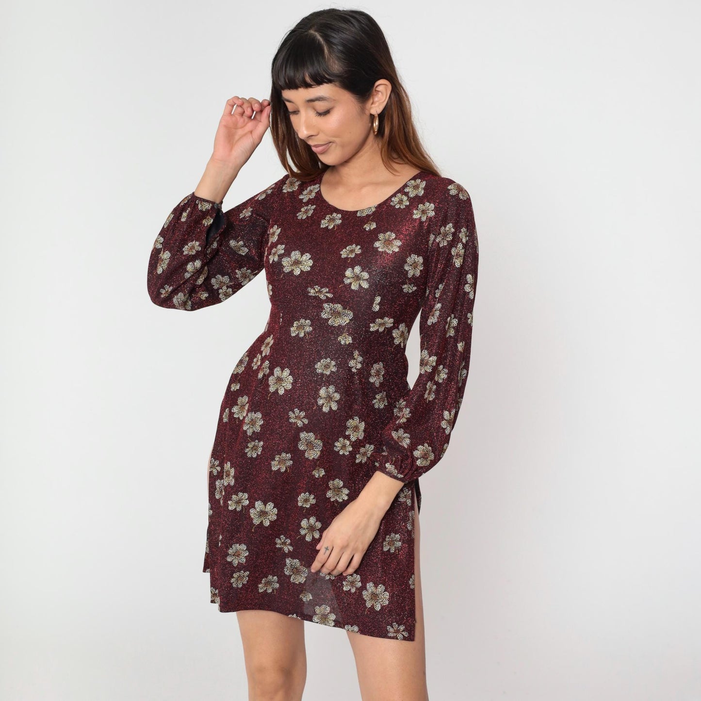 90s Metallic Floral Red Mini Dress High Slit Balloon Sleeve Extra Small