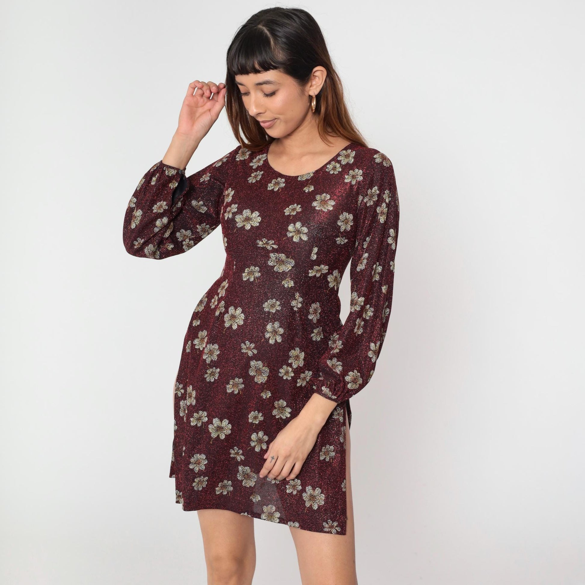 90s Metallic Floral Red Mini Dress High Slit Balloon Sleeve Extra Small