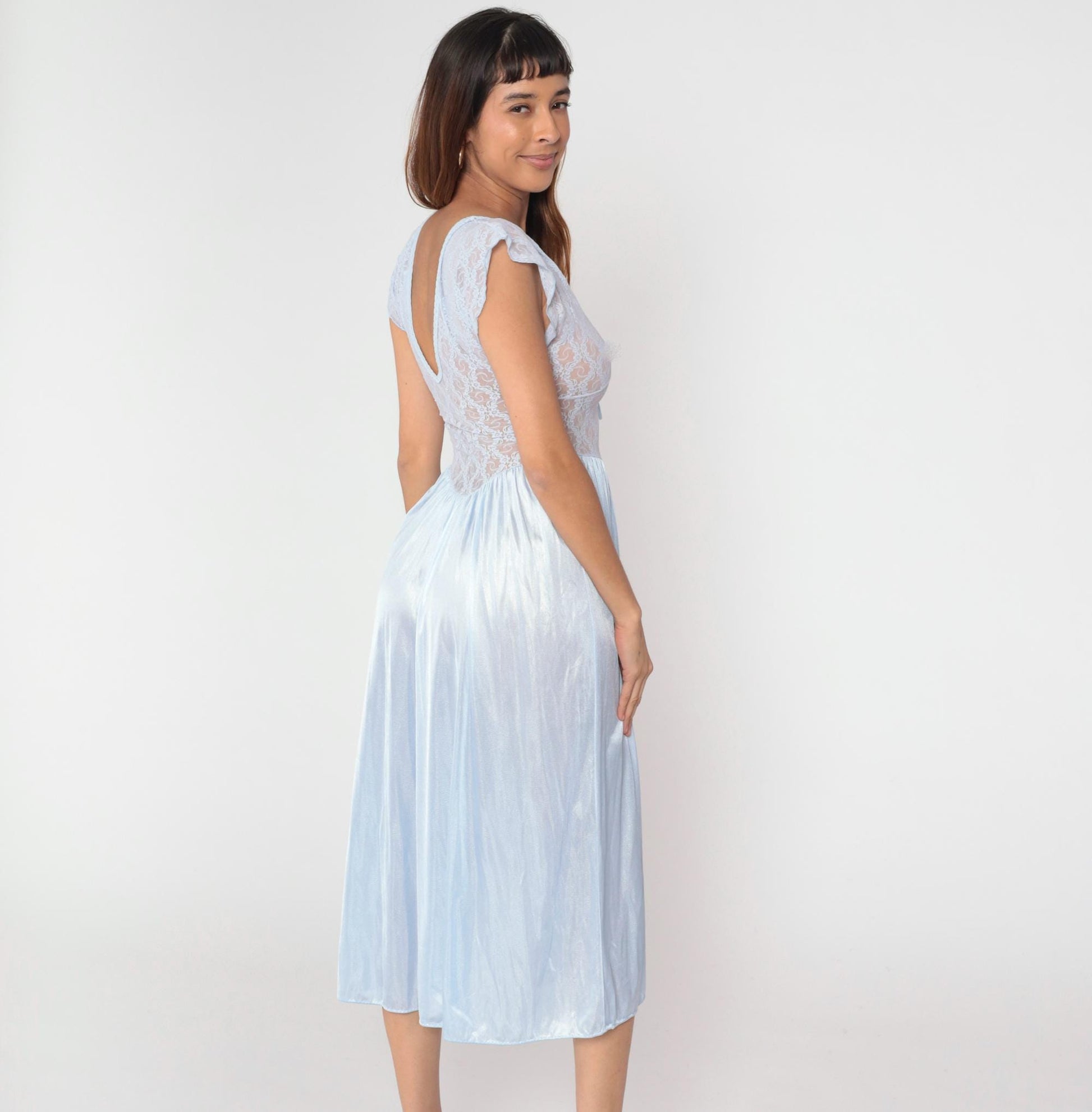 80s Baby Blue Lace Nightgown Empire Waist Lace-Up Neckline Cap Sleeve Midi Small S
