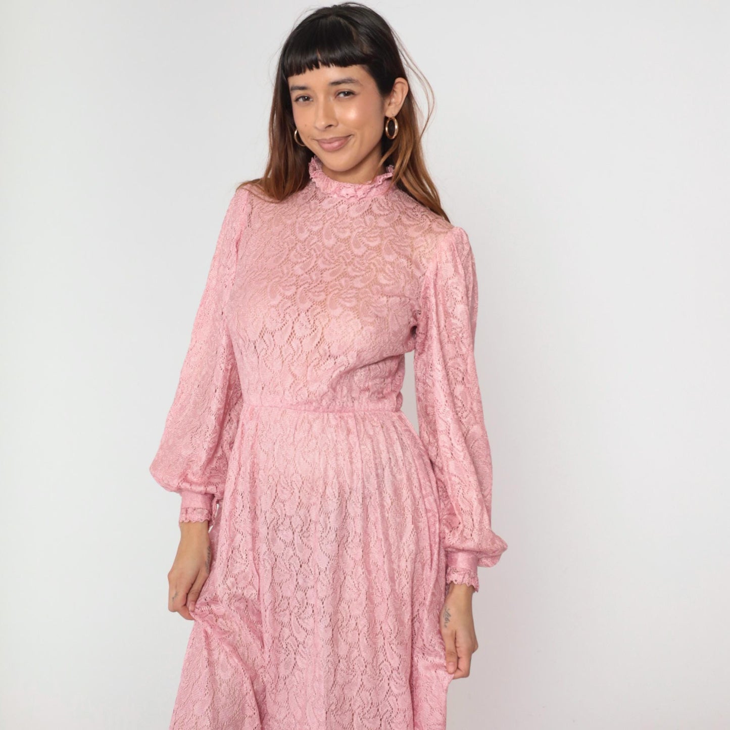 70s Pink Lace Maxi Dress Bishop Sleeve High Waist Button Back Small Medium