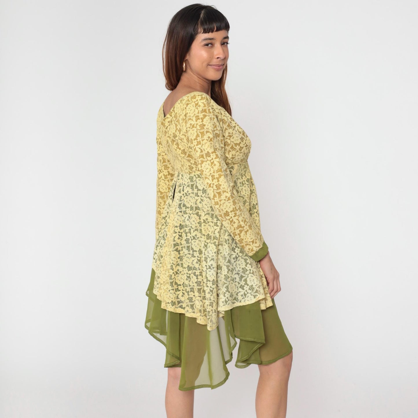 60s Yellow Lace Dress Green Sheer Empire Waist Asymmetrical Hem Small Medium