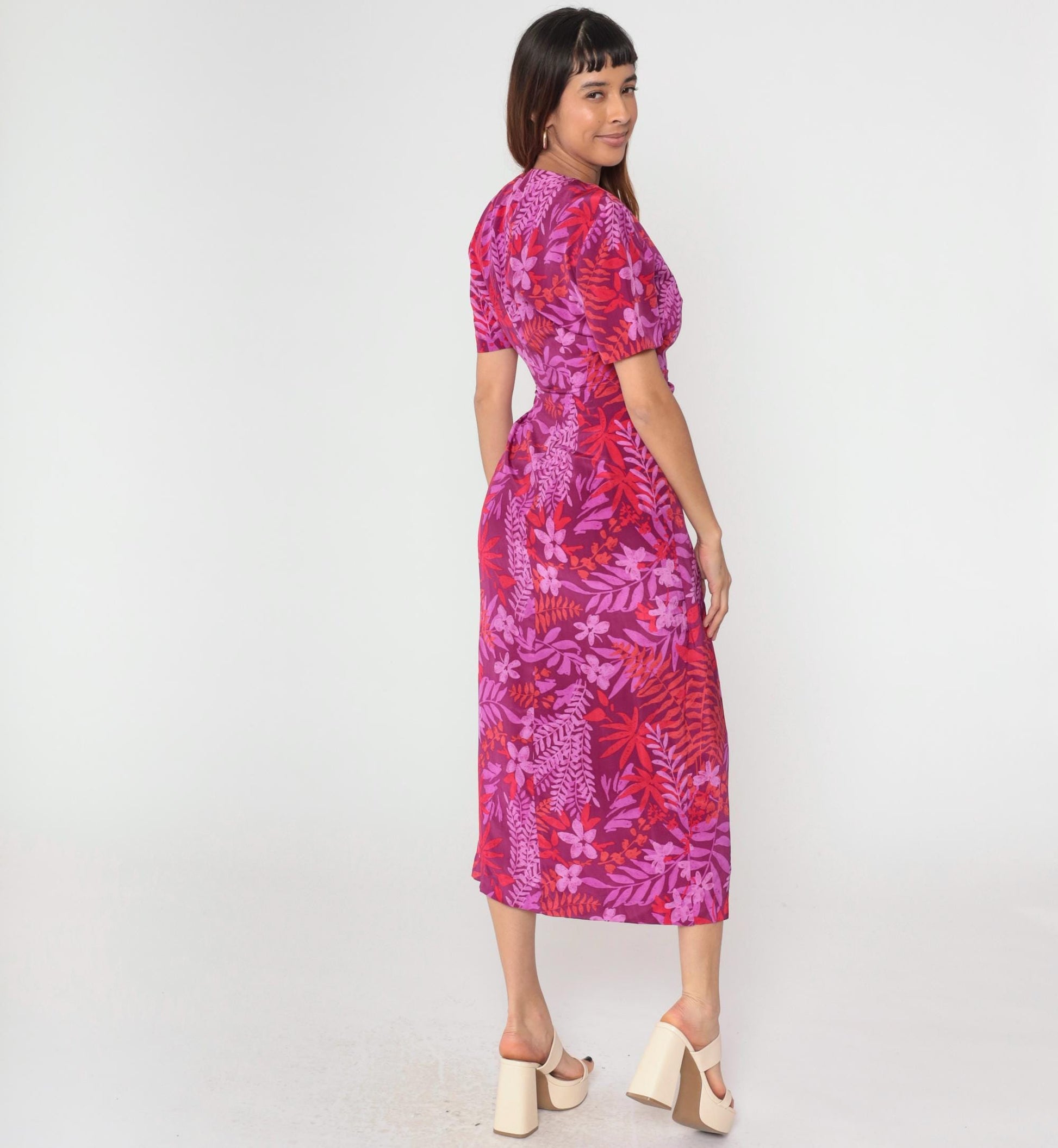 Y2K Adrianna Papell Silk Wrap Dress Purple Red Floral Midi Small 6