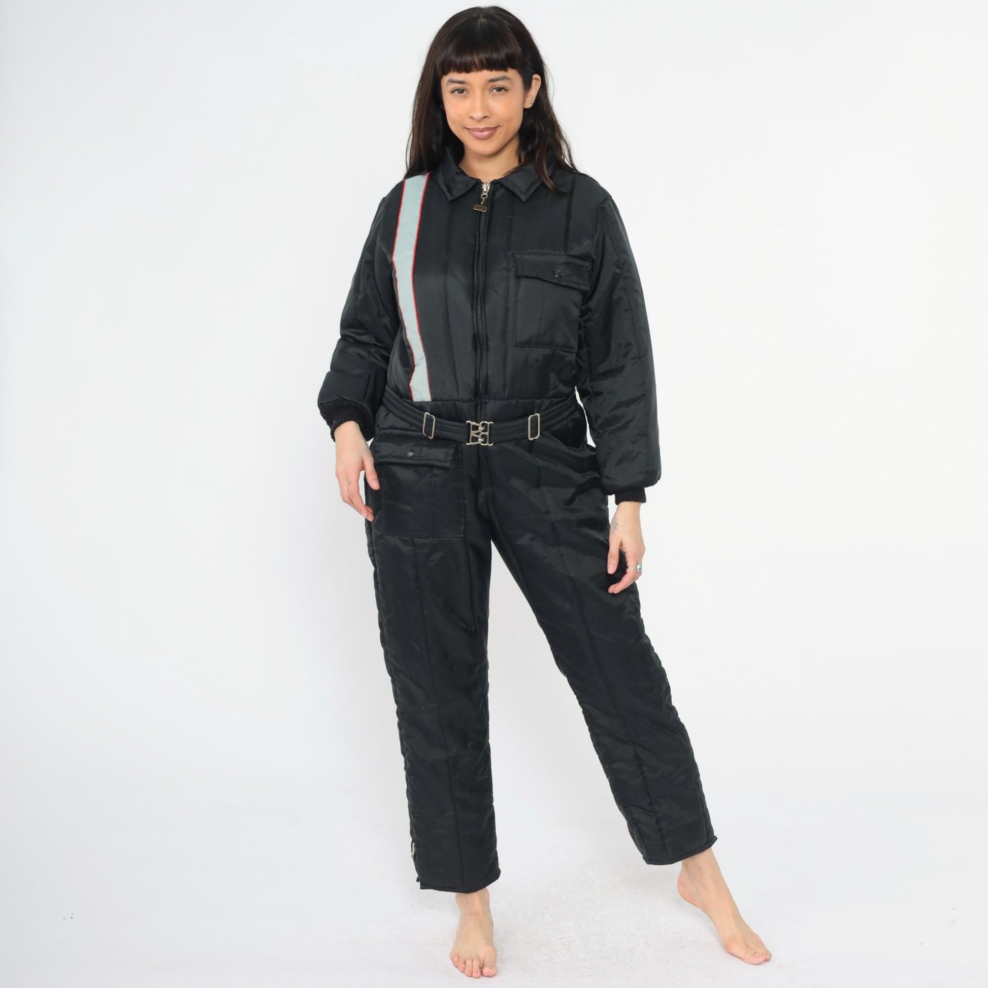 80s Walls Blizzard Pruf Black Striped Ski Suit One-Piece Snowsuit Youth 18