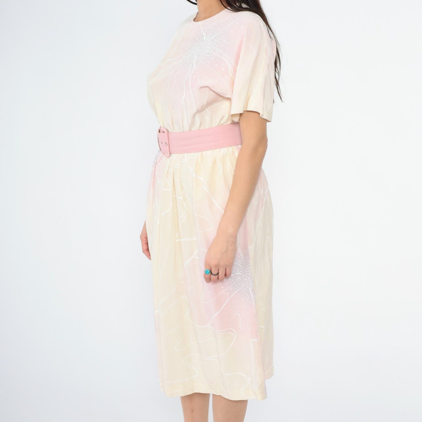 80s Pastel Floral Midi Dress Keyhole Back High Waist Belt Pink Yellow Small