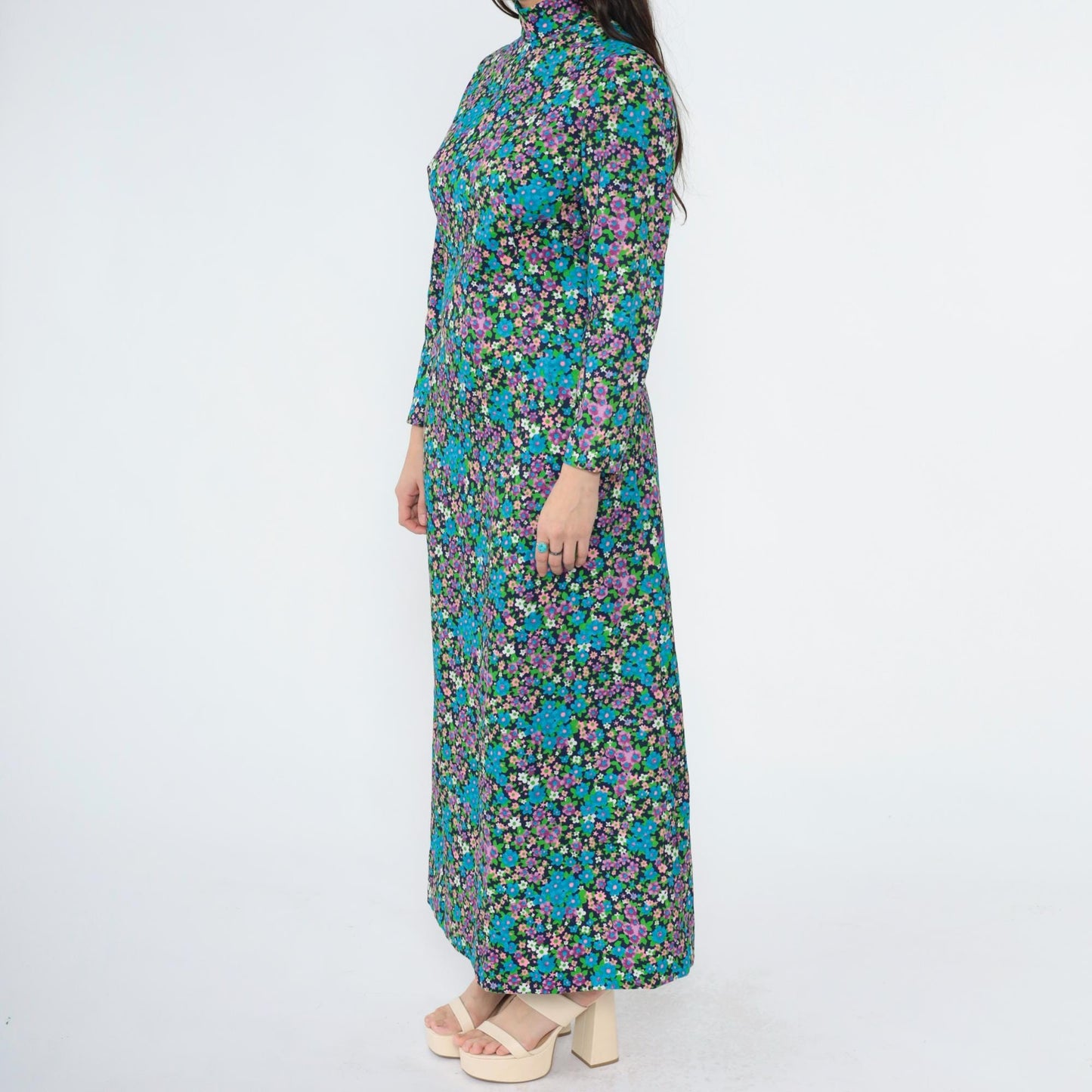 70s Blue Floral Maxi Dress Mock Neck Long Sleeve Princess Seams Small S