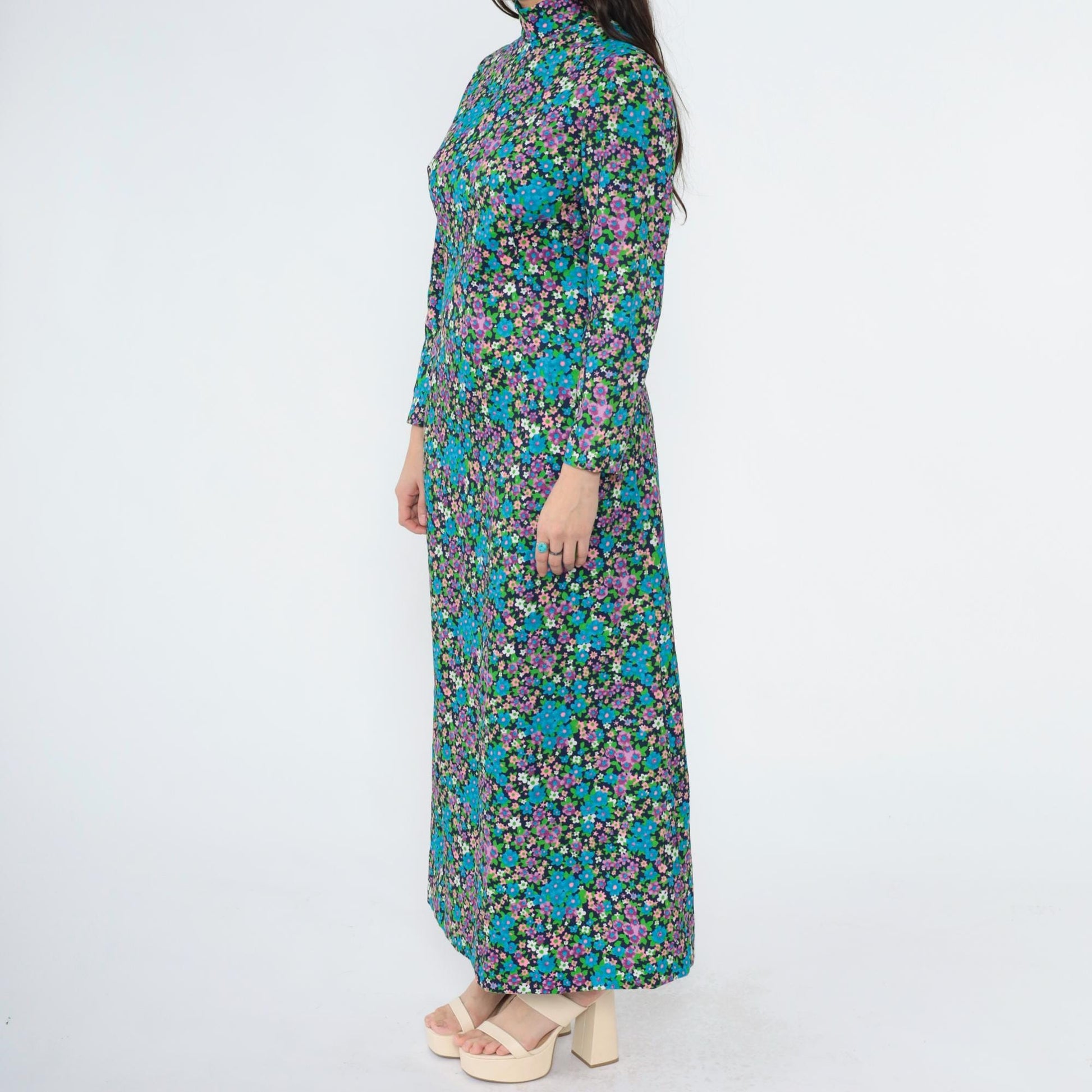 70s Blue Floral Maxi Dress Mock Neck Long Sleeve Princess Seams Small S