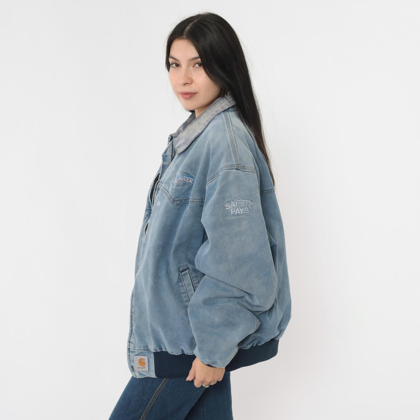 90s Carhartt Bomber Jacket Blue Duck Corduroy Collar Bluewater Services Large L