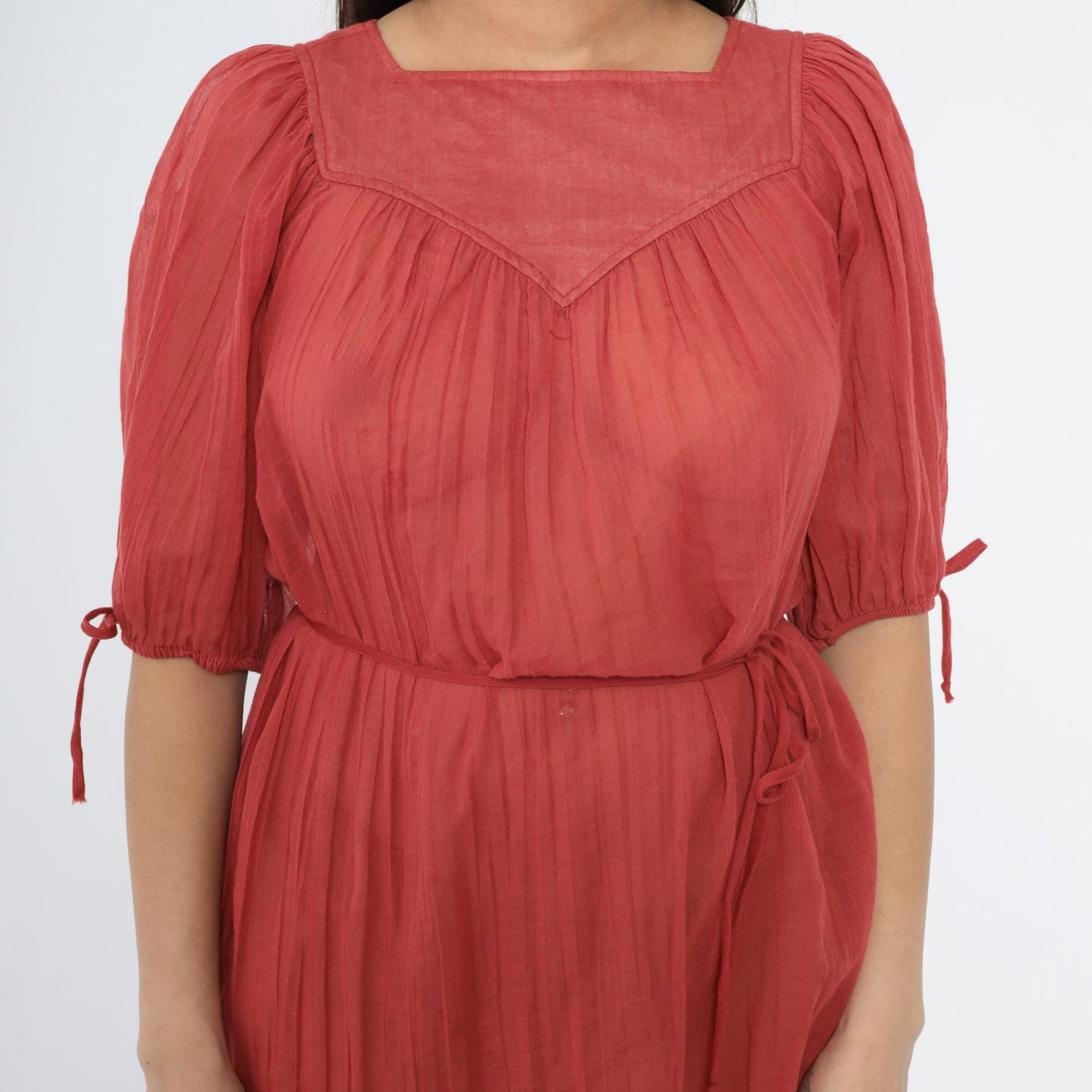 70s Red Cotton Gauze Trapeze Dress Puff Sleeve Midi Small Medium