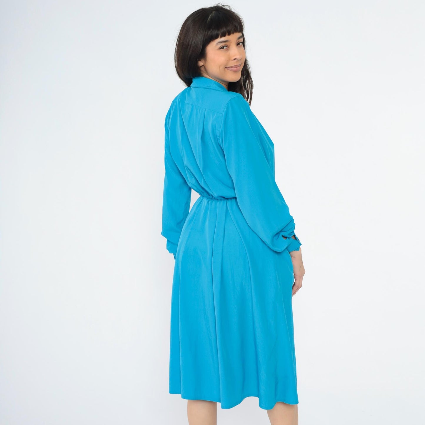 80s Leslie Fay Blue Midi Shirtdress Faux Wrap Collared Long Sleeve Medium