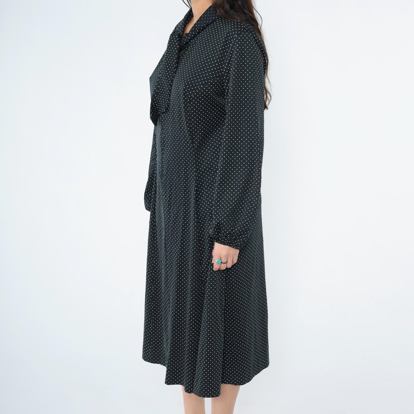 70s Black Polka Dot Ascot Midi Dress Long Sleeve Shift Plus Size XXL