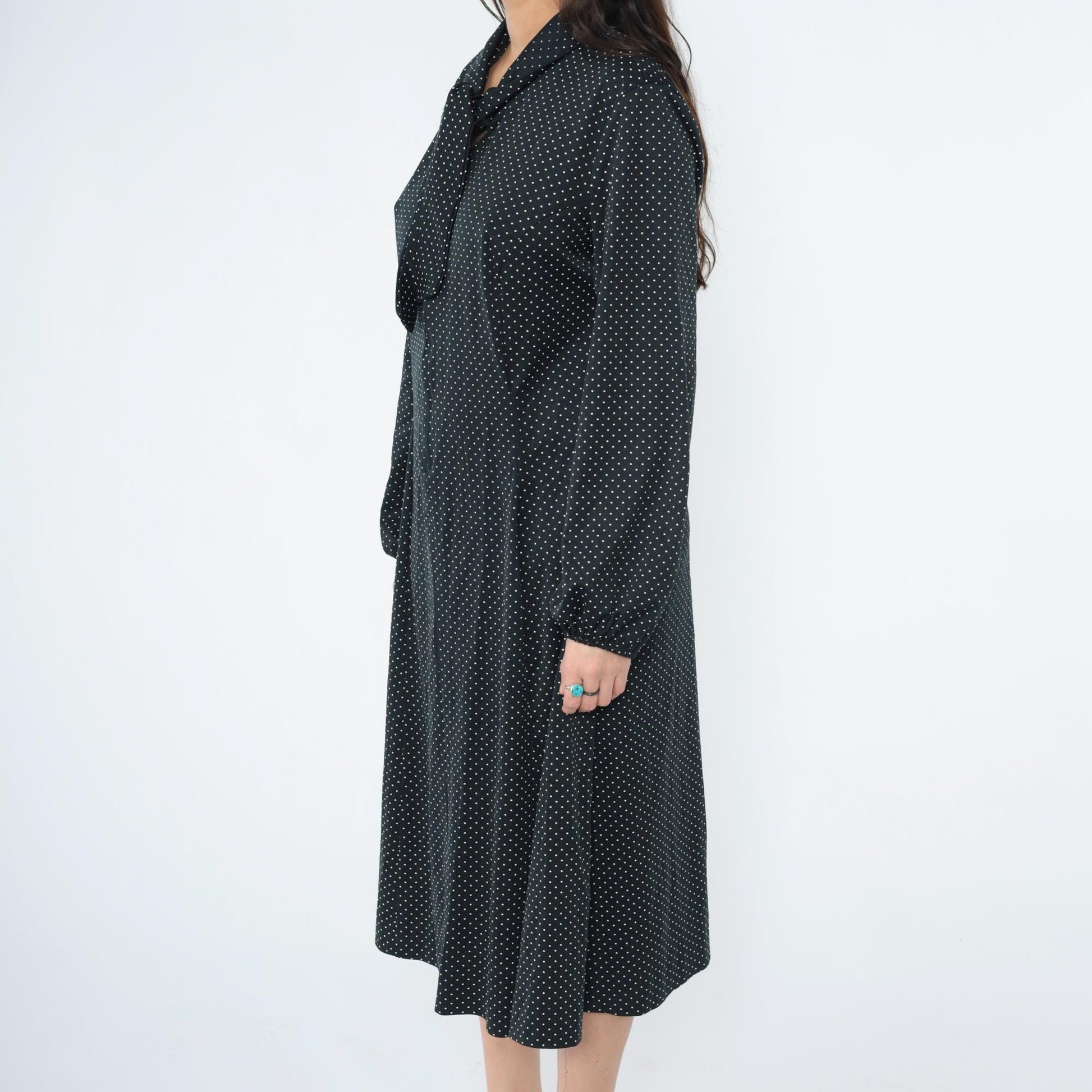 70s Black Polka Dot Ascot Midi Dress Long Sleeve Shift Plus Size XXL