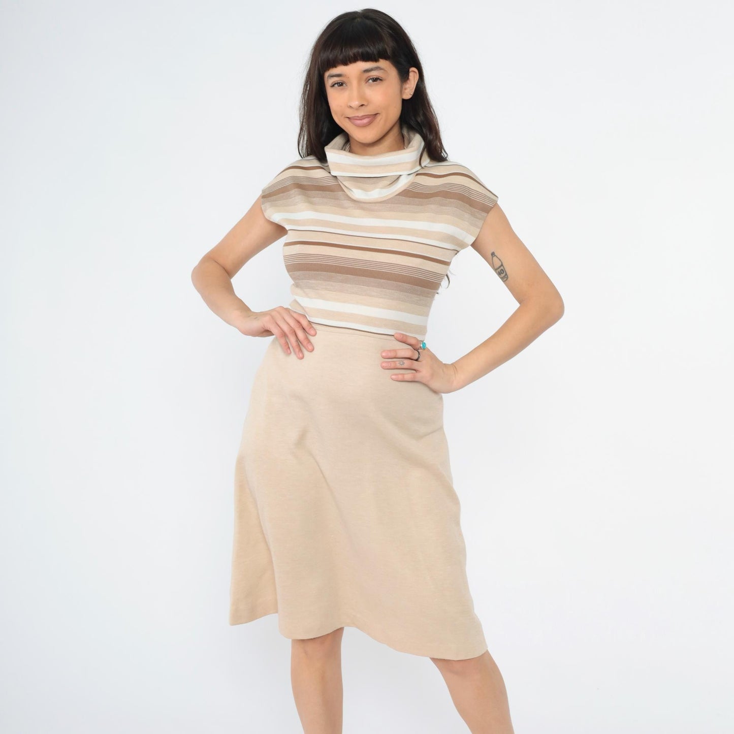 70s Tan Stripe Knit Dress Cowl Neck Cap Sleeve High Waist A-Line Small