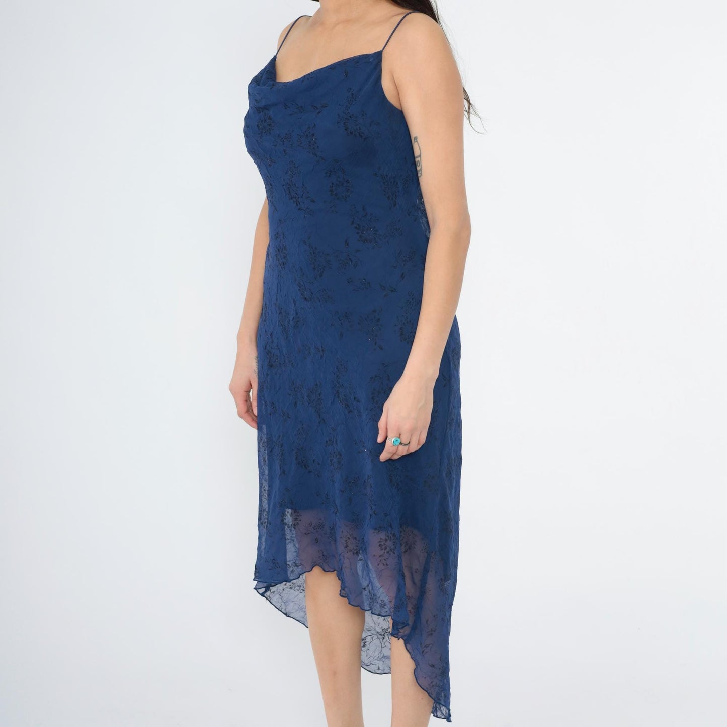 90s Dark Blue Floral Sparkly Chiffon Spaghetti Strap High-Low Midi Dress Medium 8