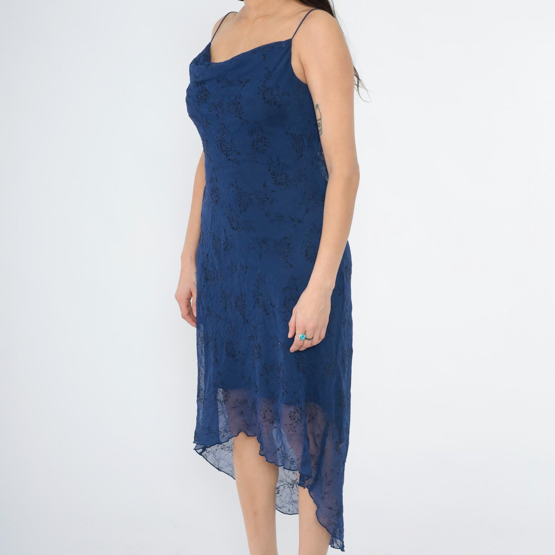 90s Dark Blue Floral Sparkly Chiffon Spaghetti Strap High-Low Midi Dress Medium 8