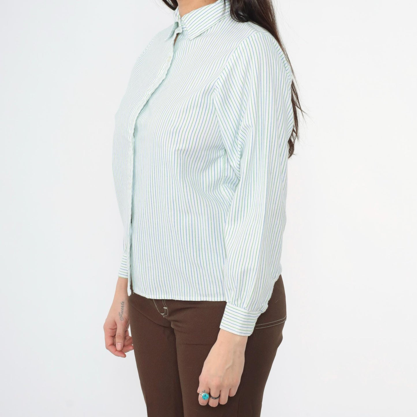80s Girl Scouts Striped Button-Up Blouse White Blue Green Long Sleeve Small