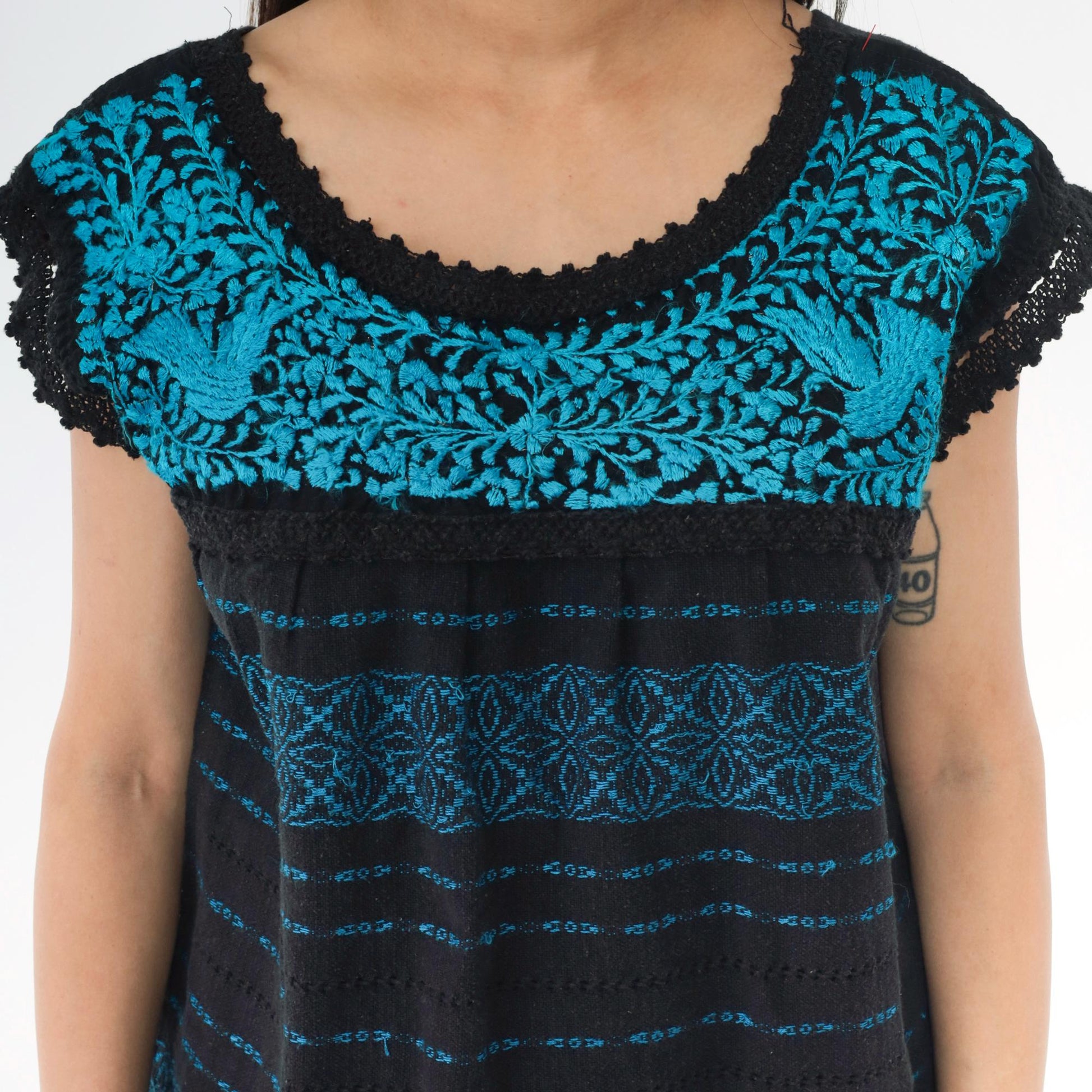 80s Mexican Embroidered Black Blouse Bird Floral Crochet Tunic Medium M