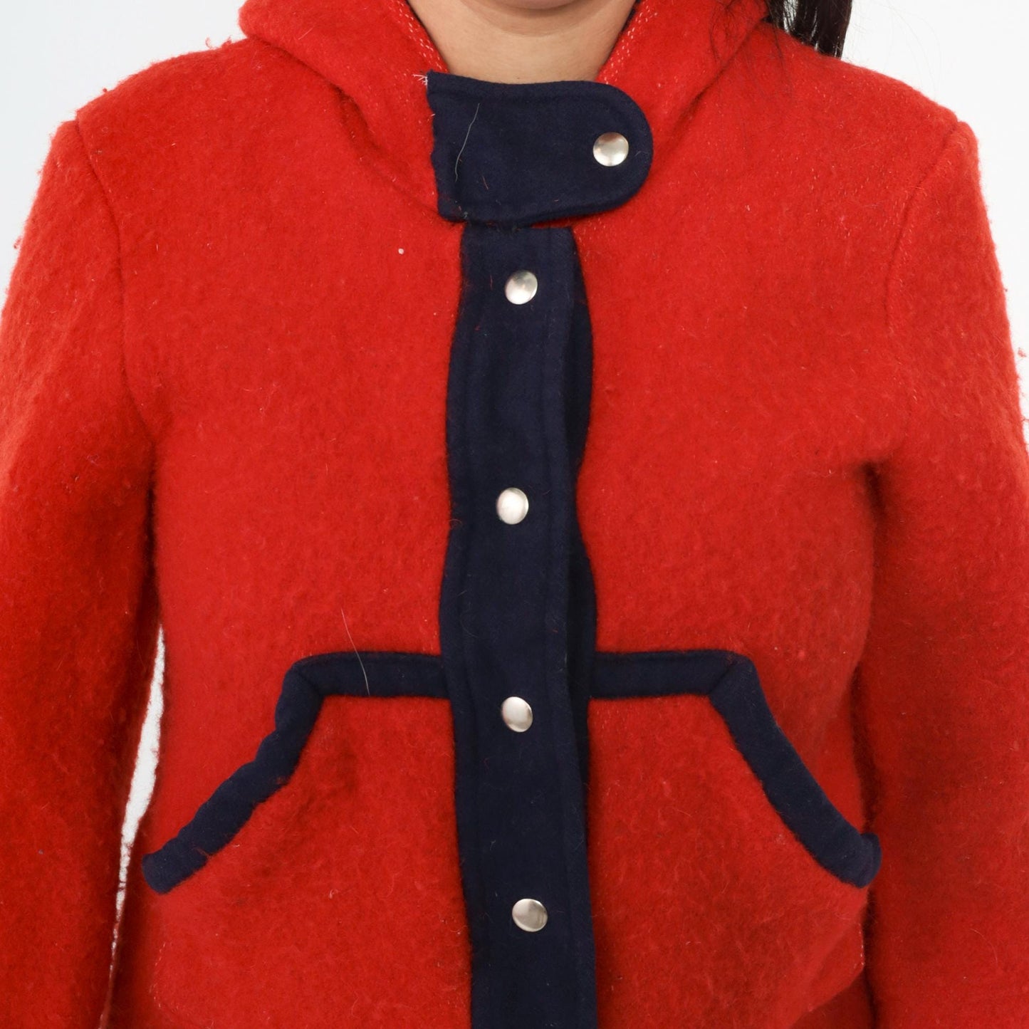 1970s Red Wool Hooded Jacket Navy Contrast Trim Snap Front Cropped Extra Small