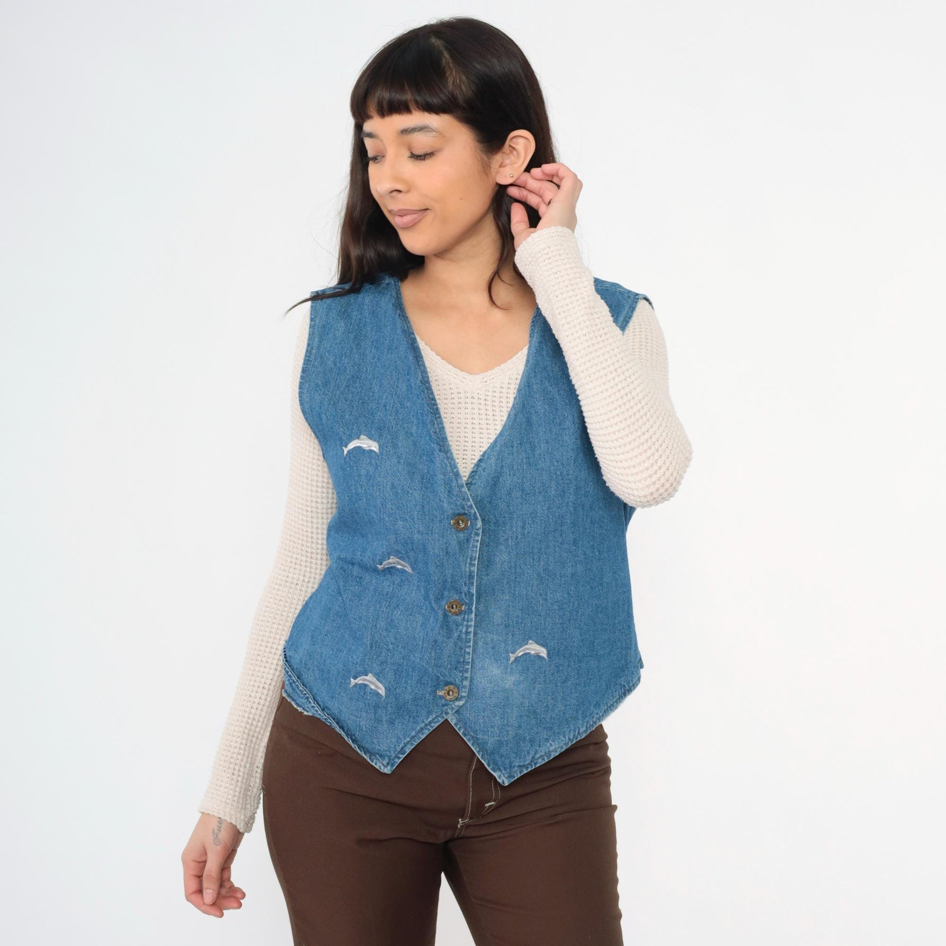 90s Sunbelt Sportswear Embroidered Dolphin Denim Vest Blue Button-Up Medium Large