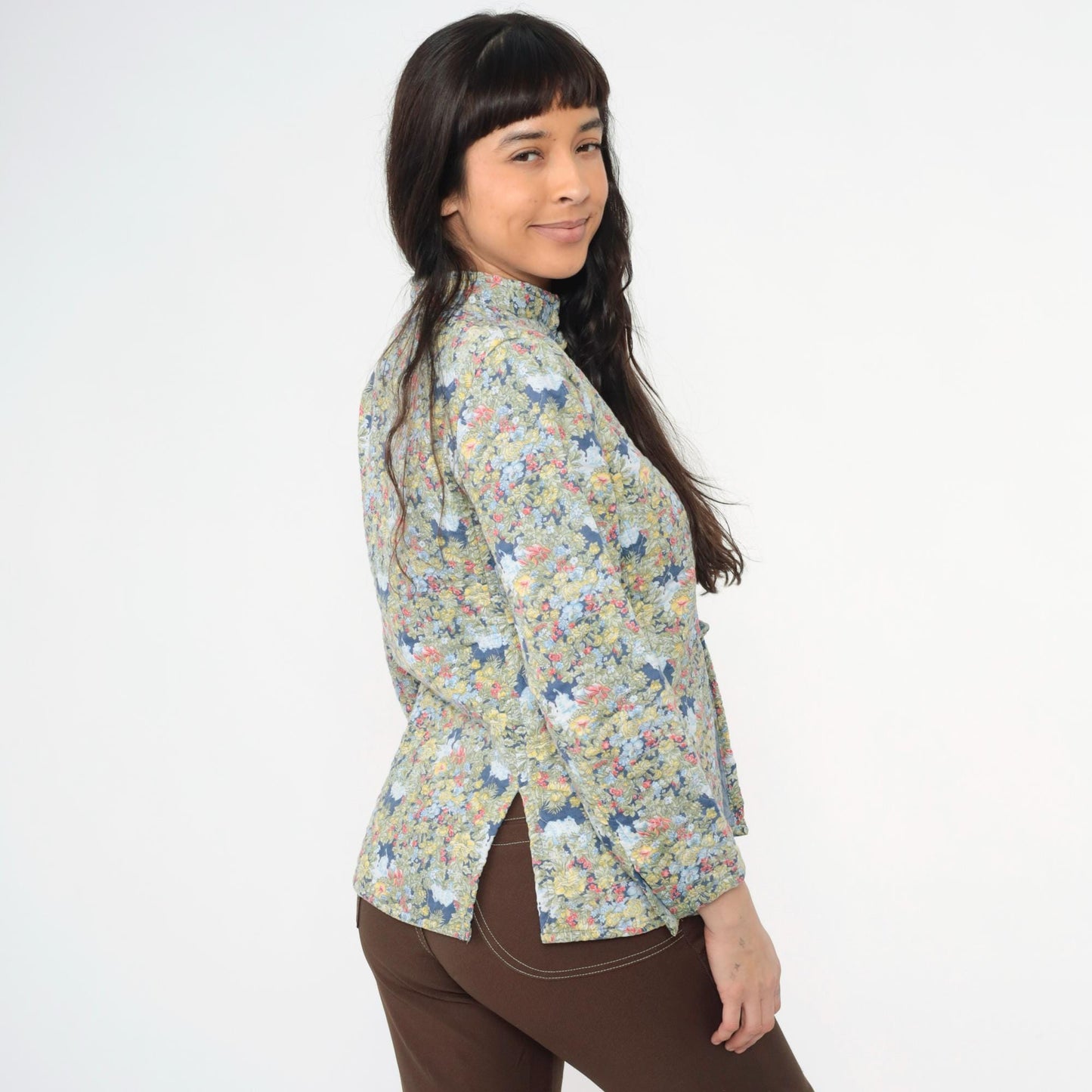 80s Quilted Floral Jacket Mandarin Collar Chinese Knot Buttons Small