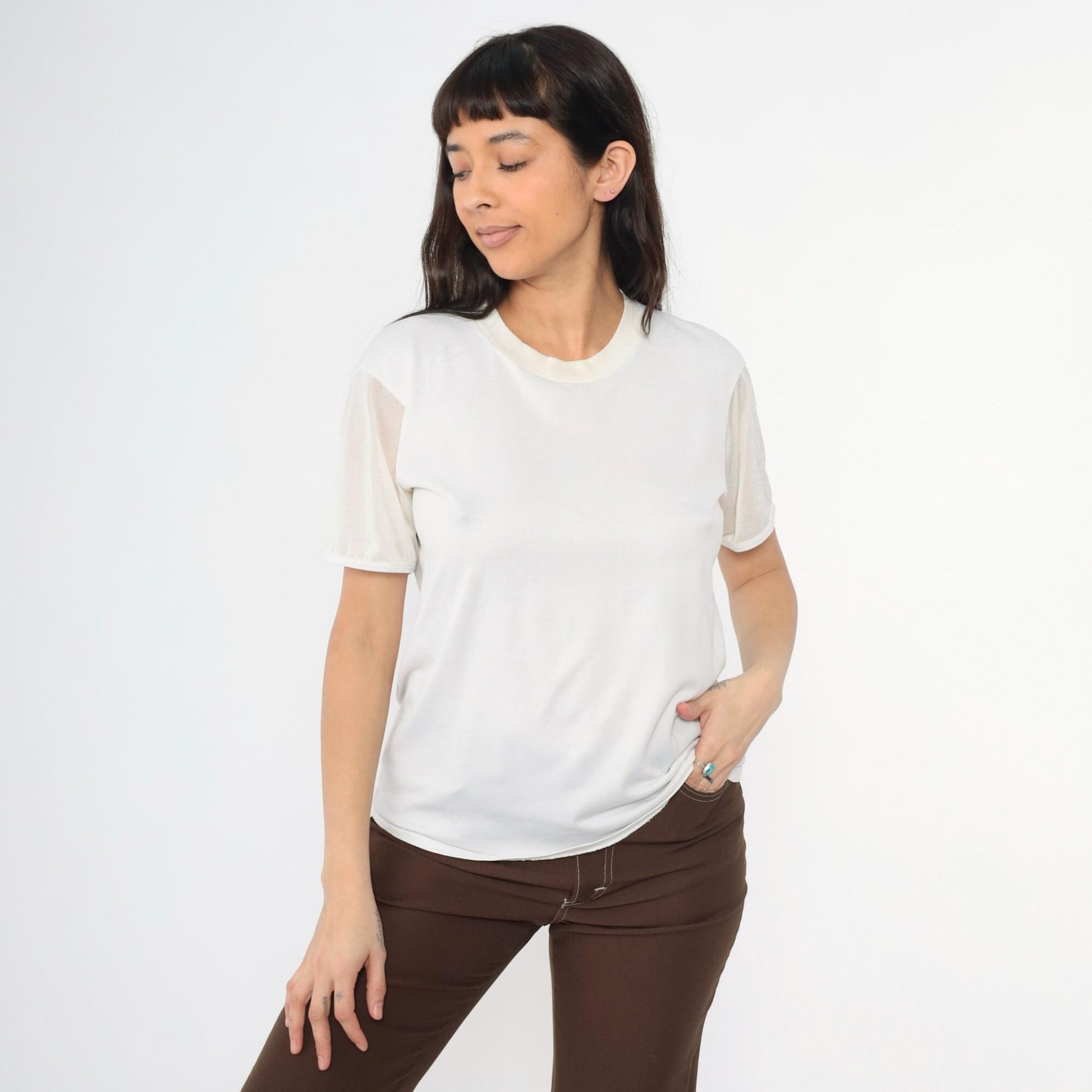 80s Quiana Nylon Blend Plain White Crew Neck T-Shirt Size 40