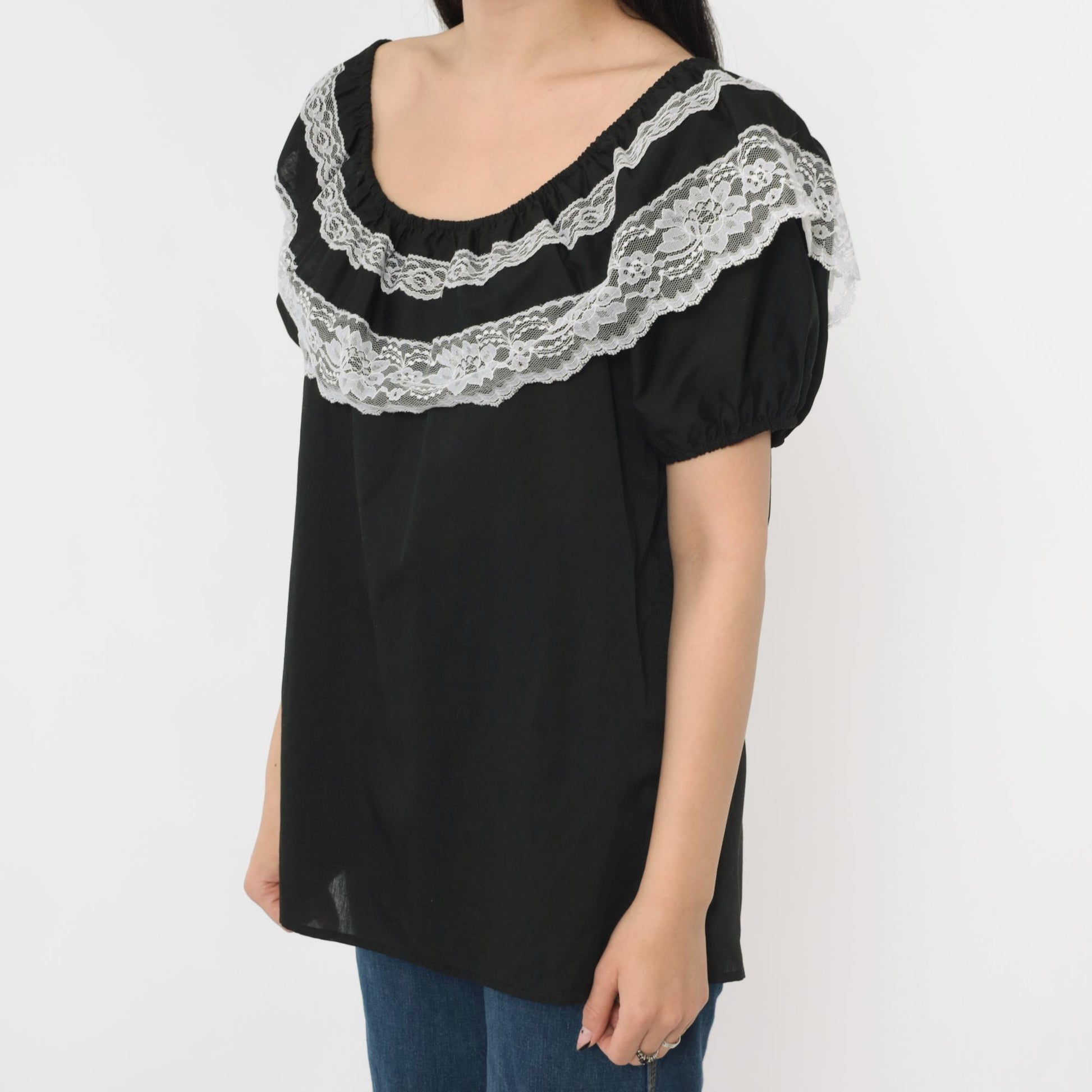 90s Black Peasant Blouse White Lace Trim Off-Shoulder Medium