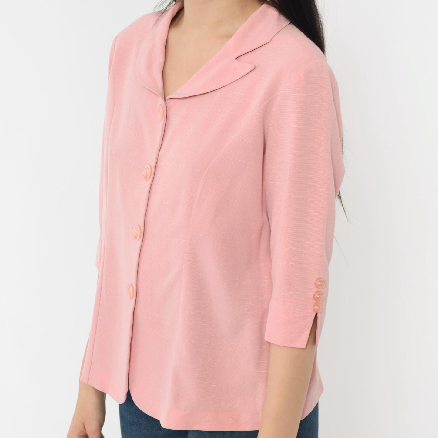 90s Pink Button-Down Blouse 3/4 Sleeve Notched Collar Princess Seams Medium Large