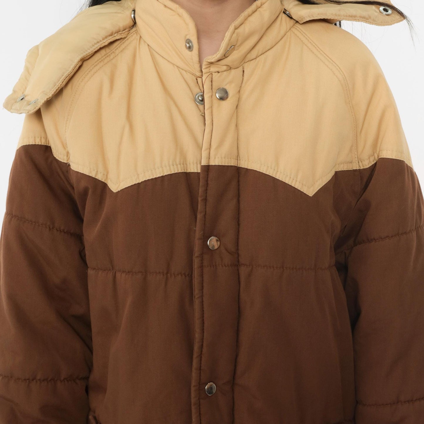 80s Western Puffer Jacket Two Tone Brown Tan Hooded Ski Coat Men's Large L