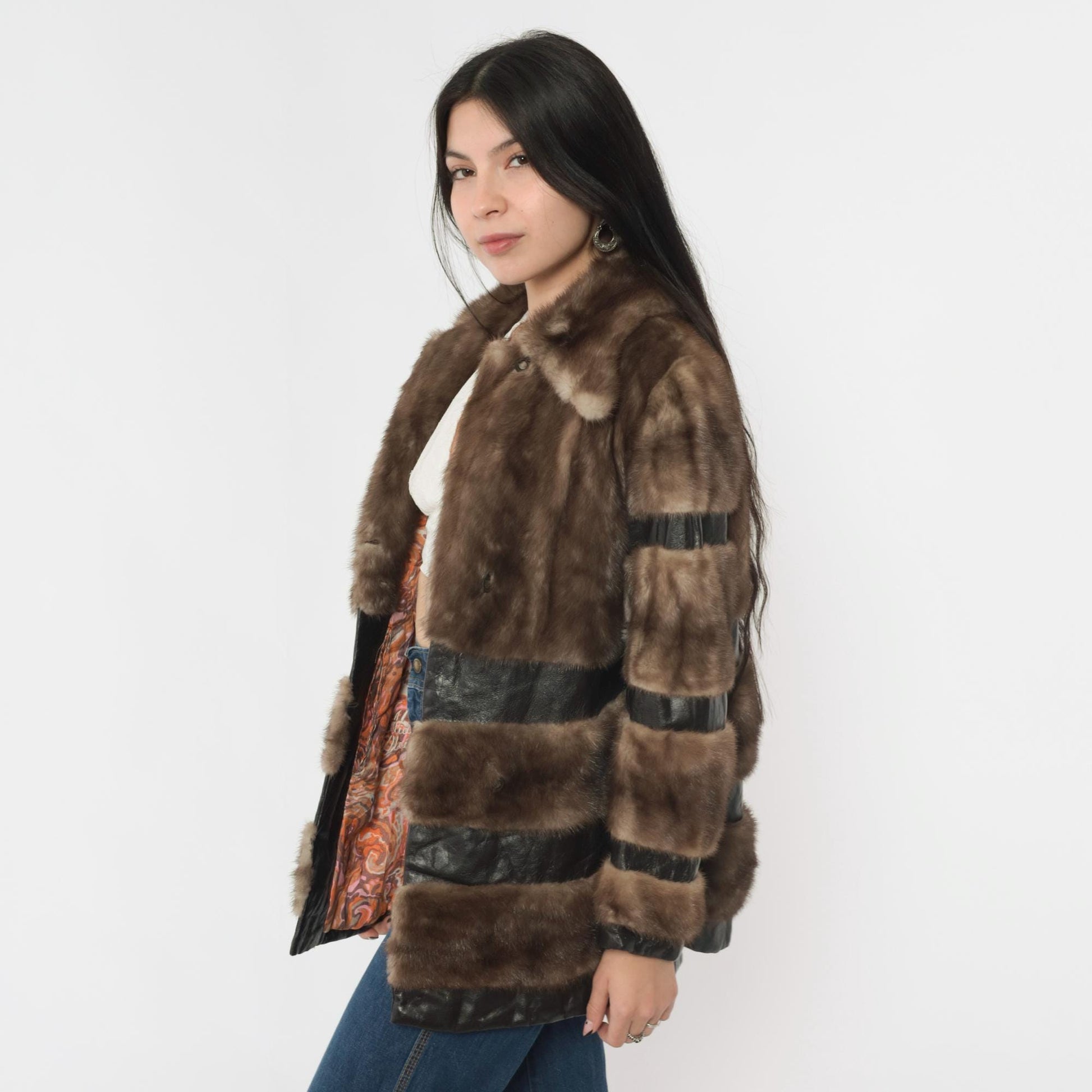 1970s Brown Leather Fur Patchwork Striped Mid-Length Jacket Small S