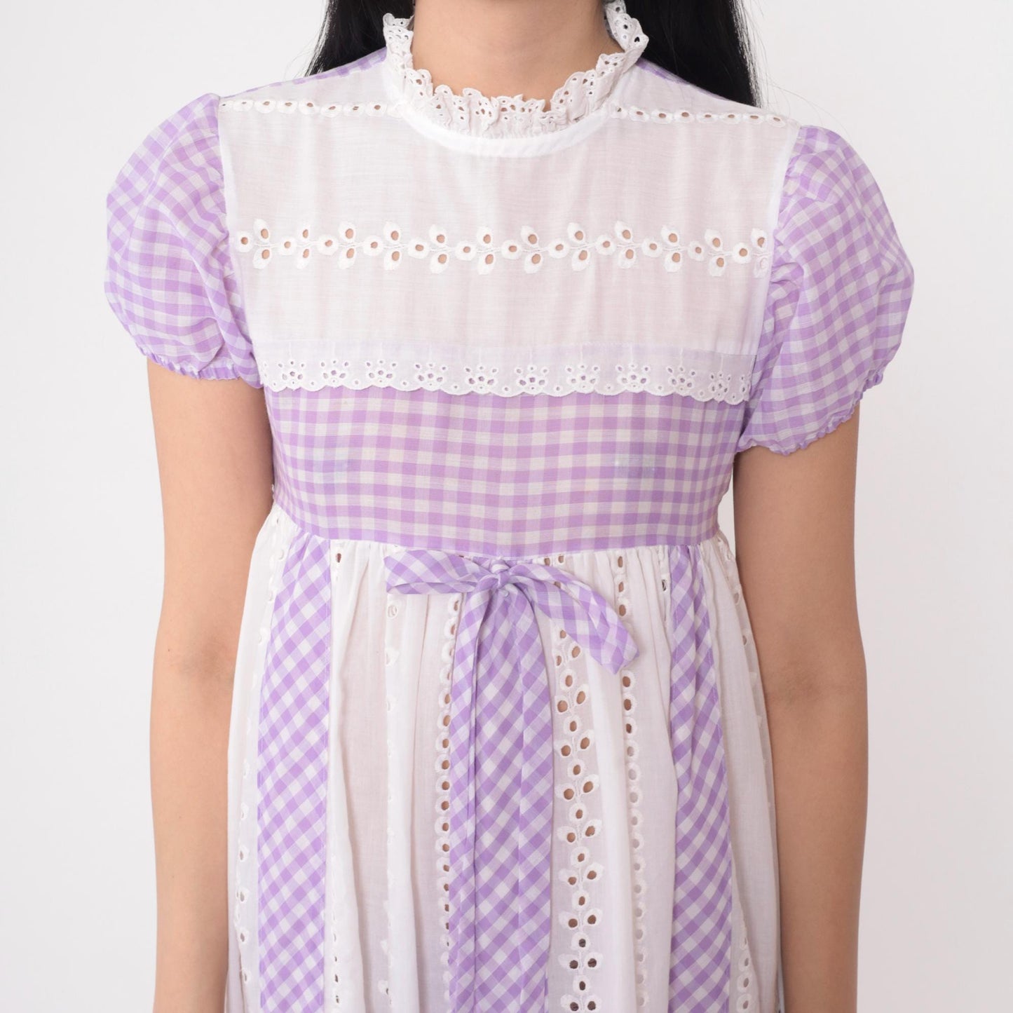 70s Youngland Gingham Maxi Dress Lavender Eyelet Empire Waist Puff Sleeve Extra Small
