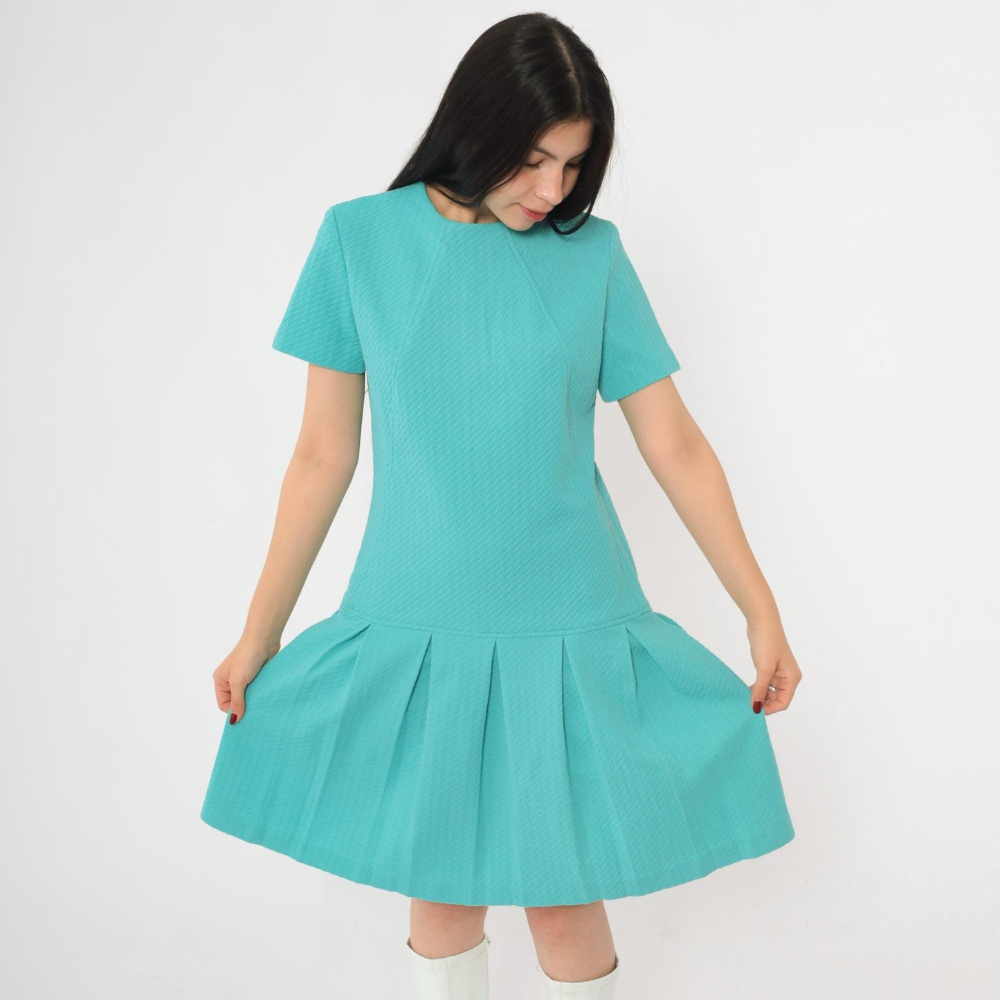 60s Mod Mini Dress Drop Waist Pleated Skirt Turquoise Polyester Small