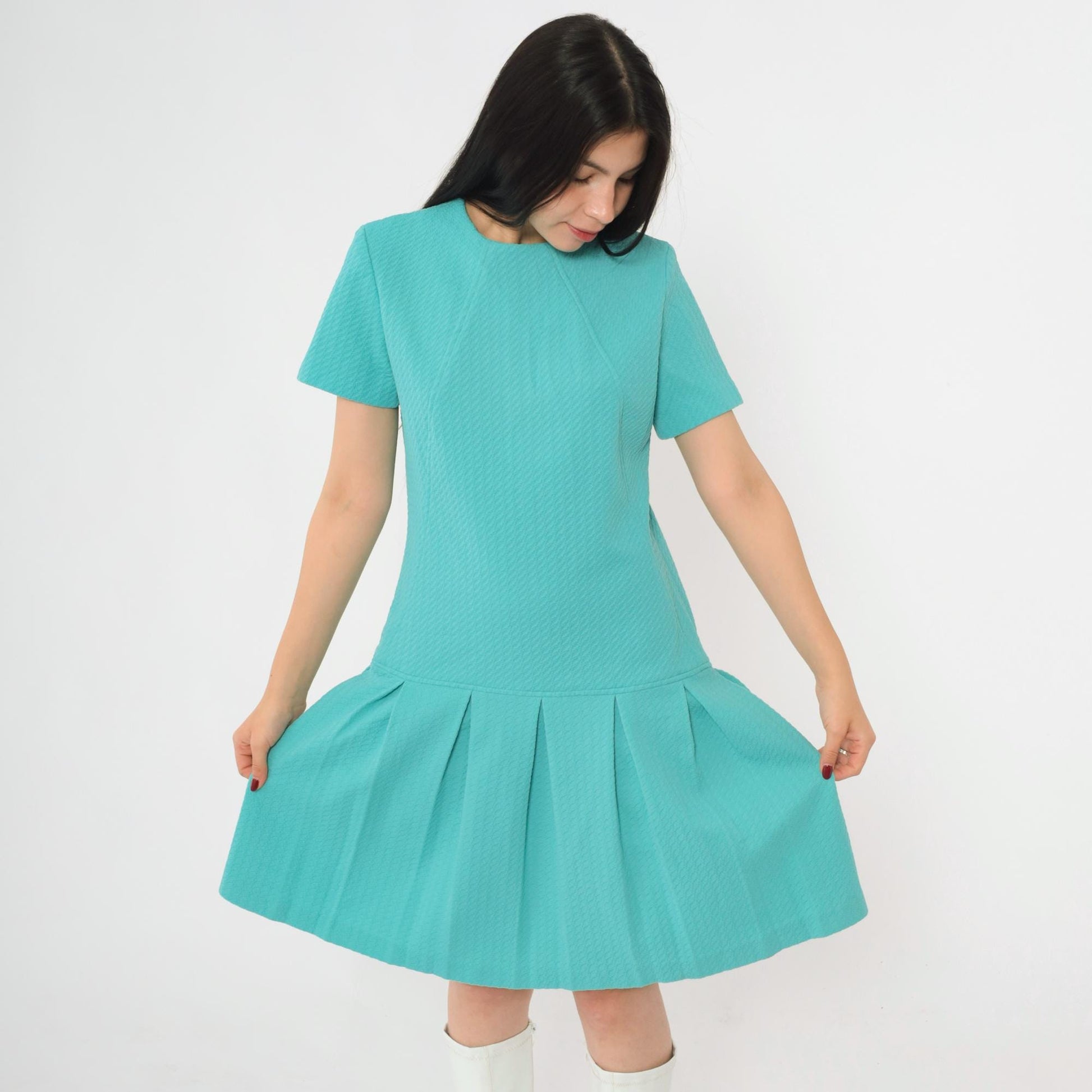 60s Mod Mini Dress Drop Waist Pleated Skirt Turquoise Polyester Small
