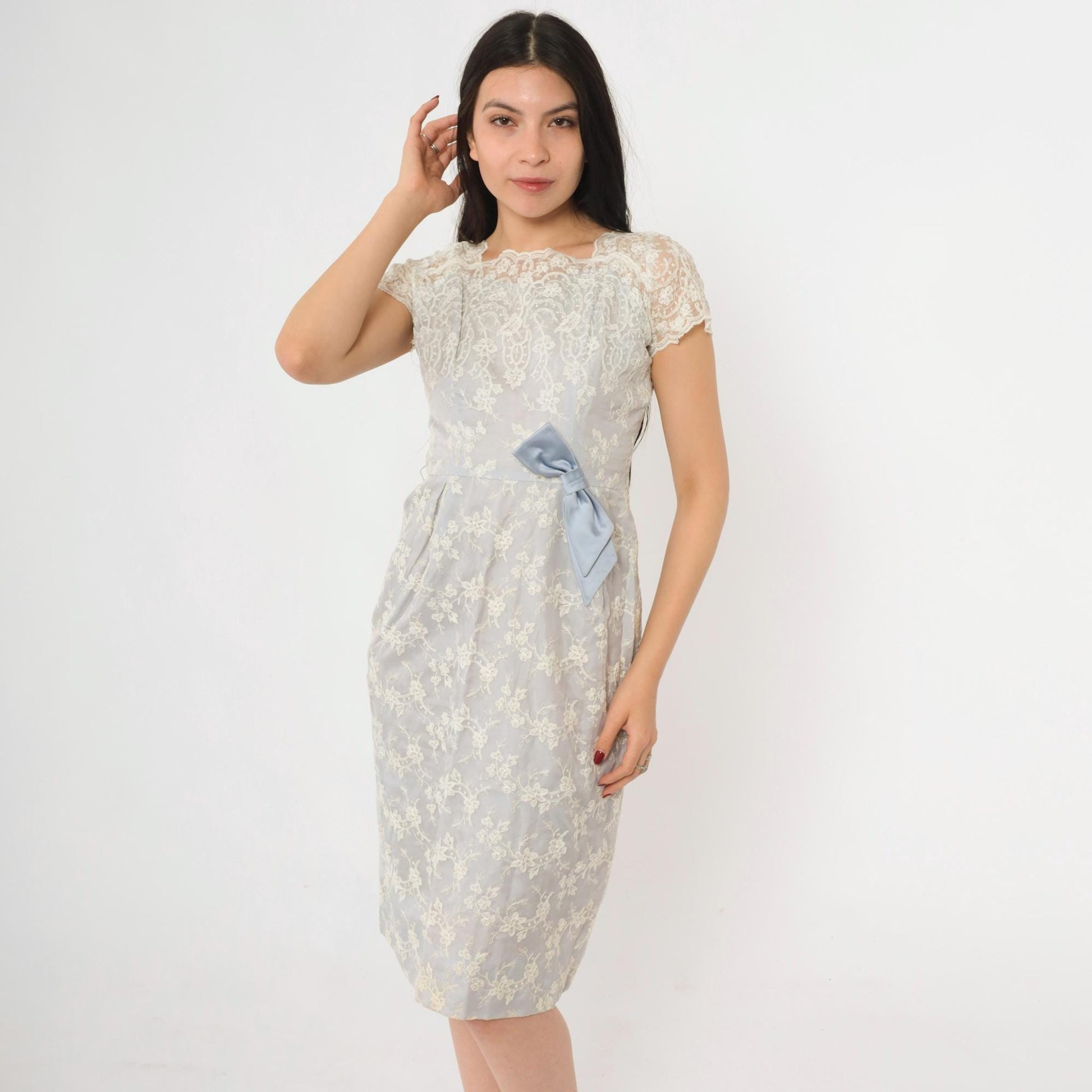 1950s Blue Lace Midi Dress Scalloped Cap Sleeve Satin Bow Extra Small XS
