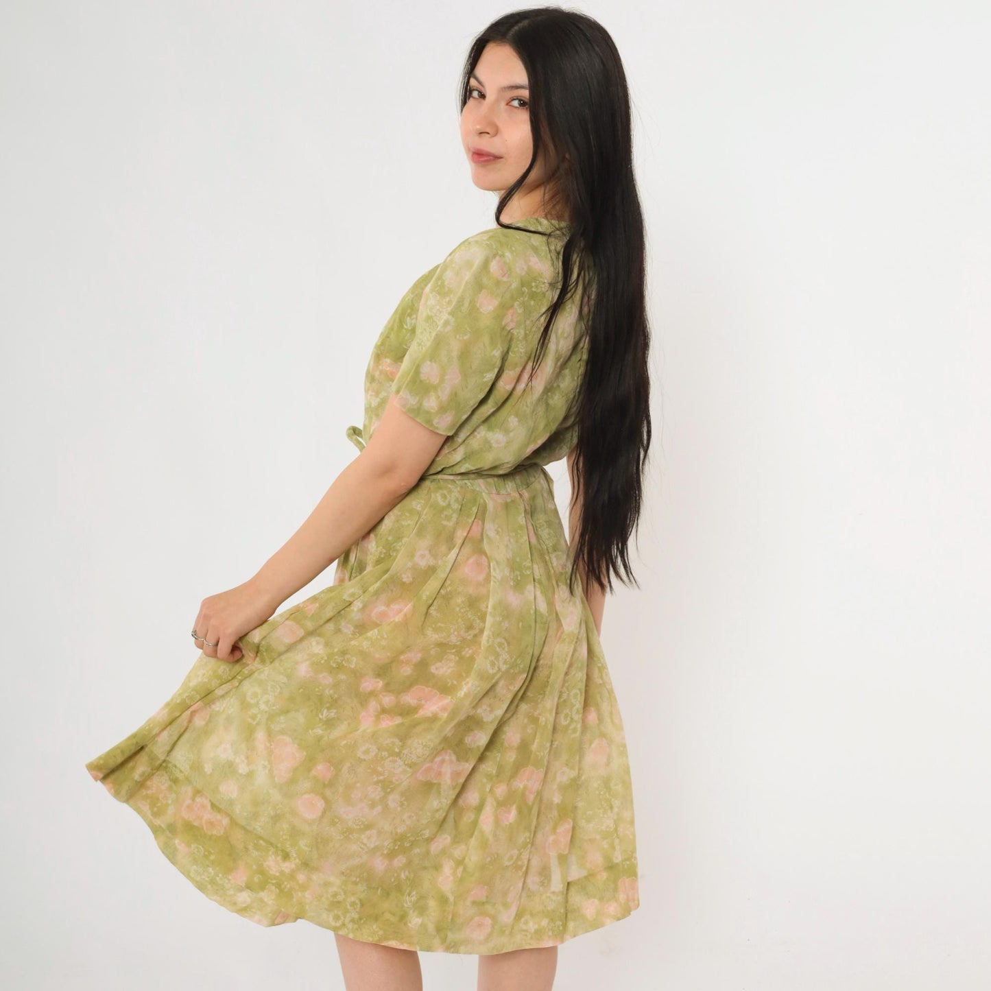 1960s Jean Lang Floral Pleated Day Dress Green Pink Knee-Length Small