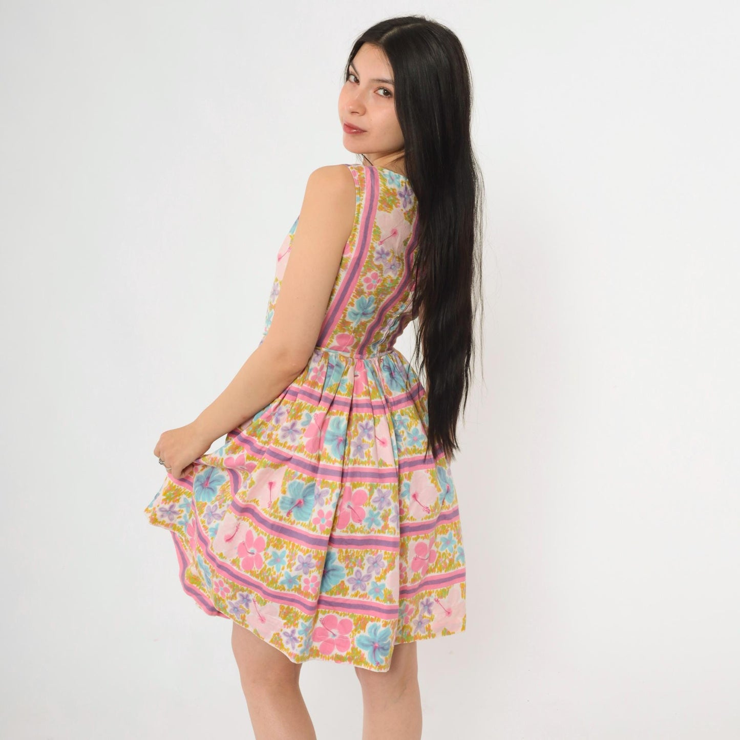 1960s Tropical Floral Mini Dress Pink Blue High Waist Sleeveless Extra Small